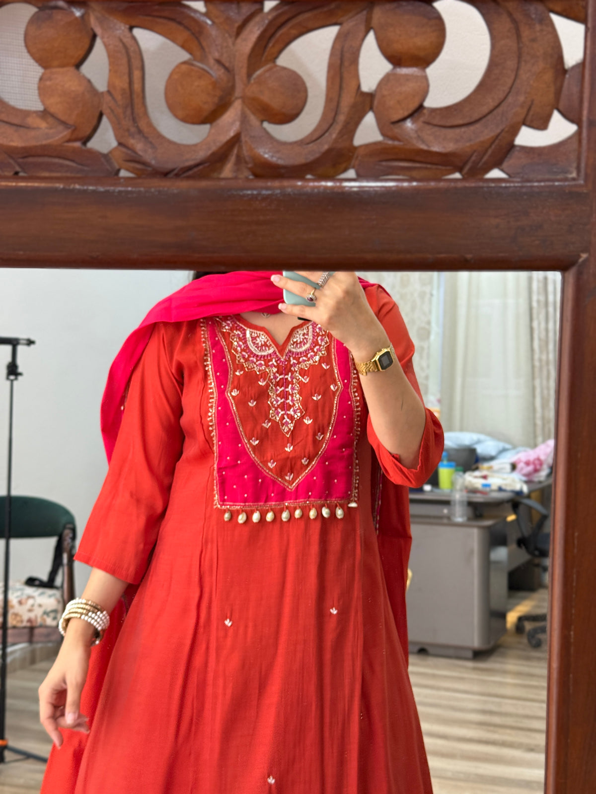 Viral Pink Orange suit | With cotton lining| Embroidered| Dual tone Duppata| Cotton Silk
