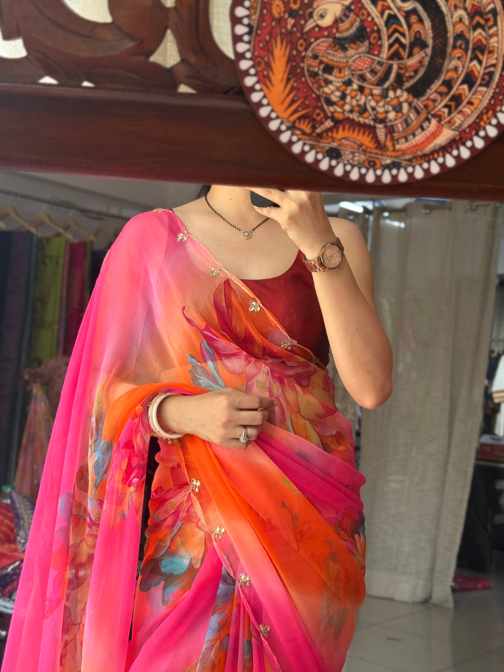 Peachy Pink |Pure Georgette Digital Printed Saree| Handwork cutdana detailing| Without blouse