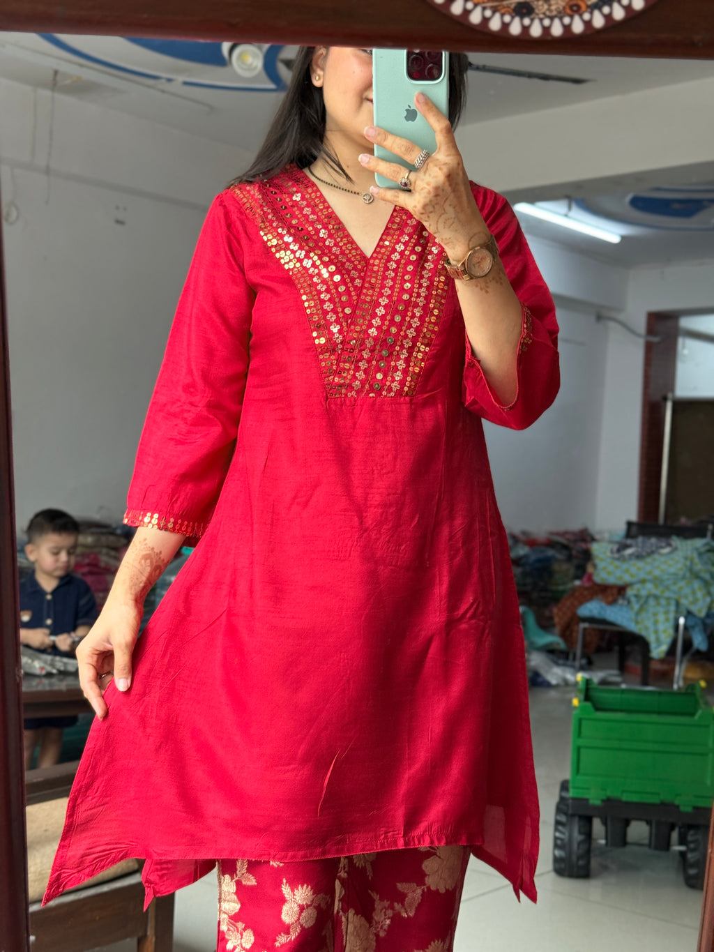 Crimson Pink Co Ord Set| Dola Silk | Cotton lining in top + bottom | soft Brocade Silk Pants