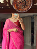 Pink Pure Georgette Saree| Handwork cutdana detailing| With blouse