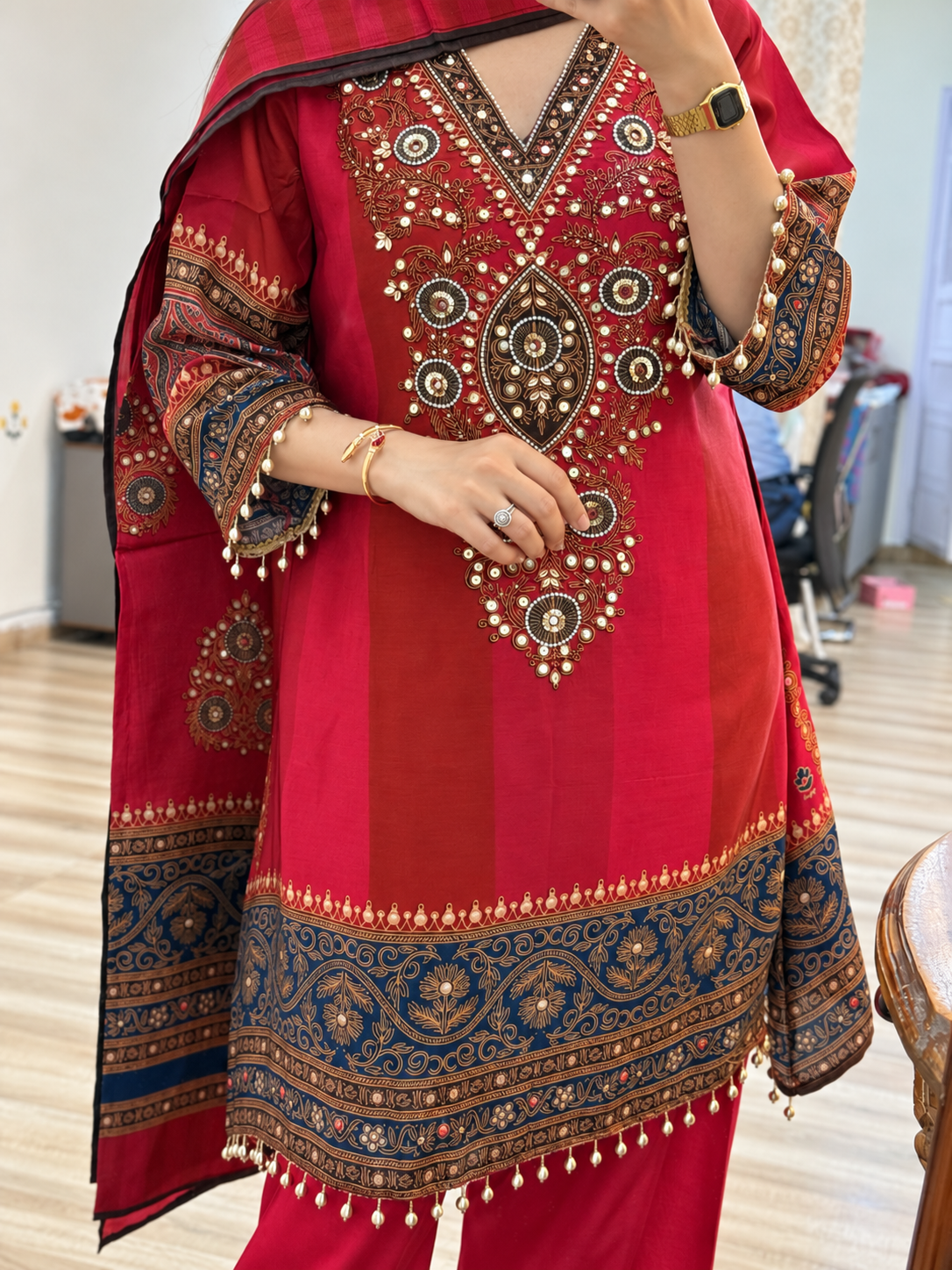 Muslin Partywear Suit |Hand Embroidered | Cotton lining| With beautiful Duppata | Designer back print |Farshi Salwar