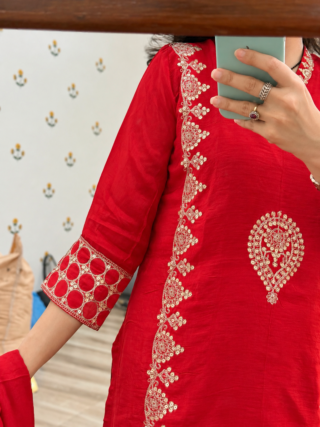 Red Karwachauth Silk Suit | Cotton lining in top + bottom| Embroidered back | Silk Duppata| Zari Embroidered
