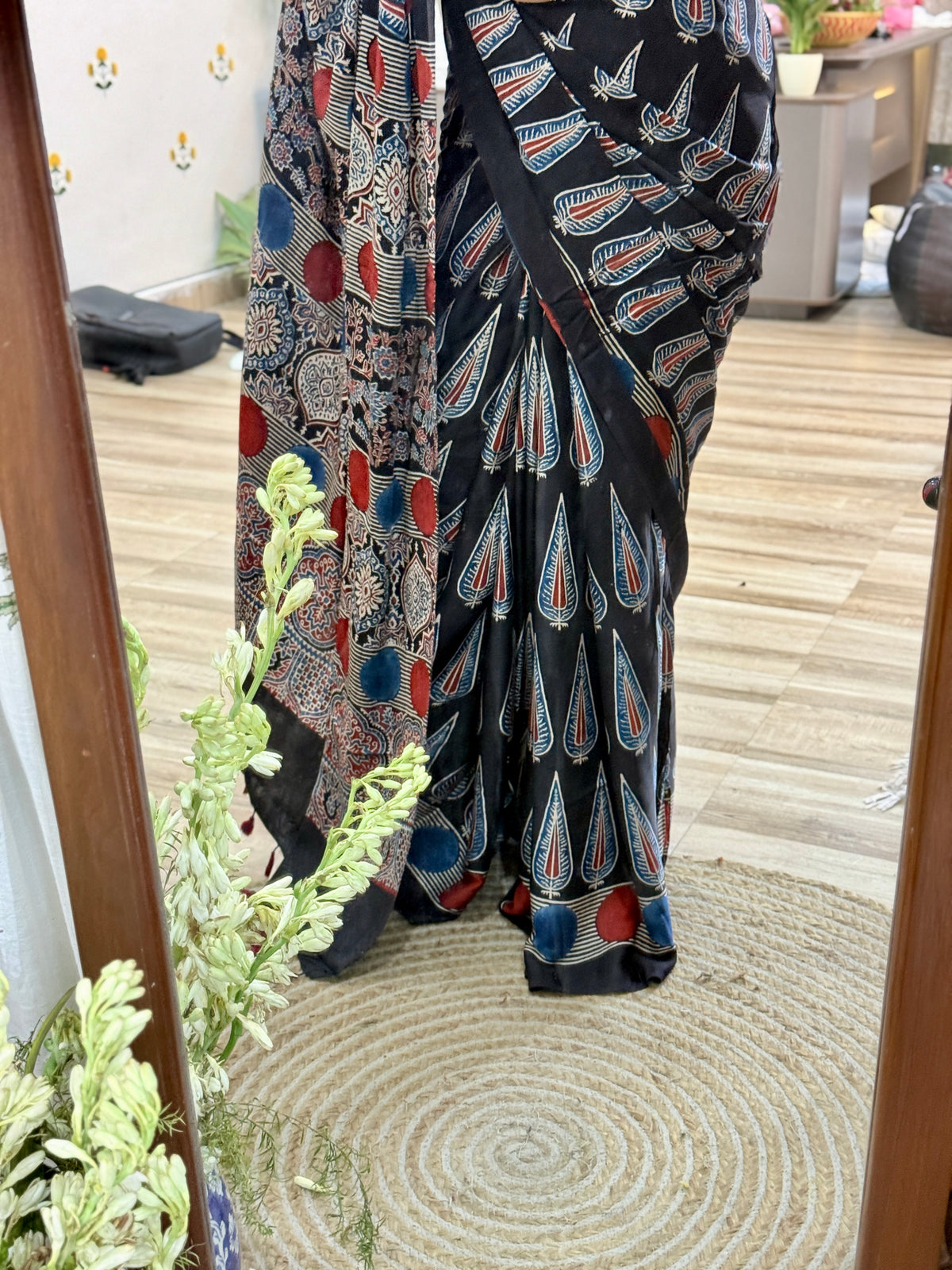 Madhuri Premium Black Modal Silk Ajrakh Print Saree with Blouse Piece