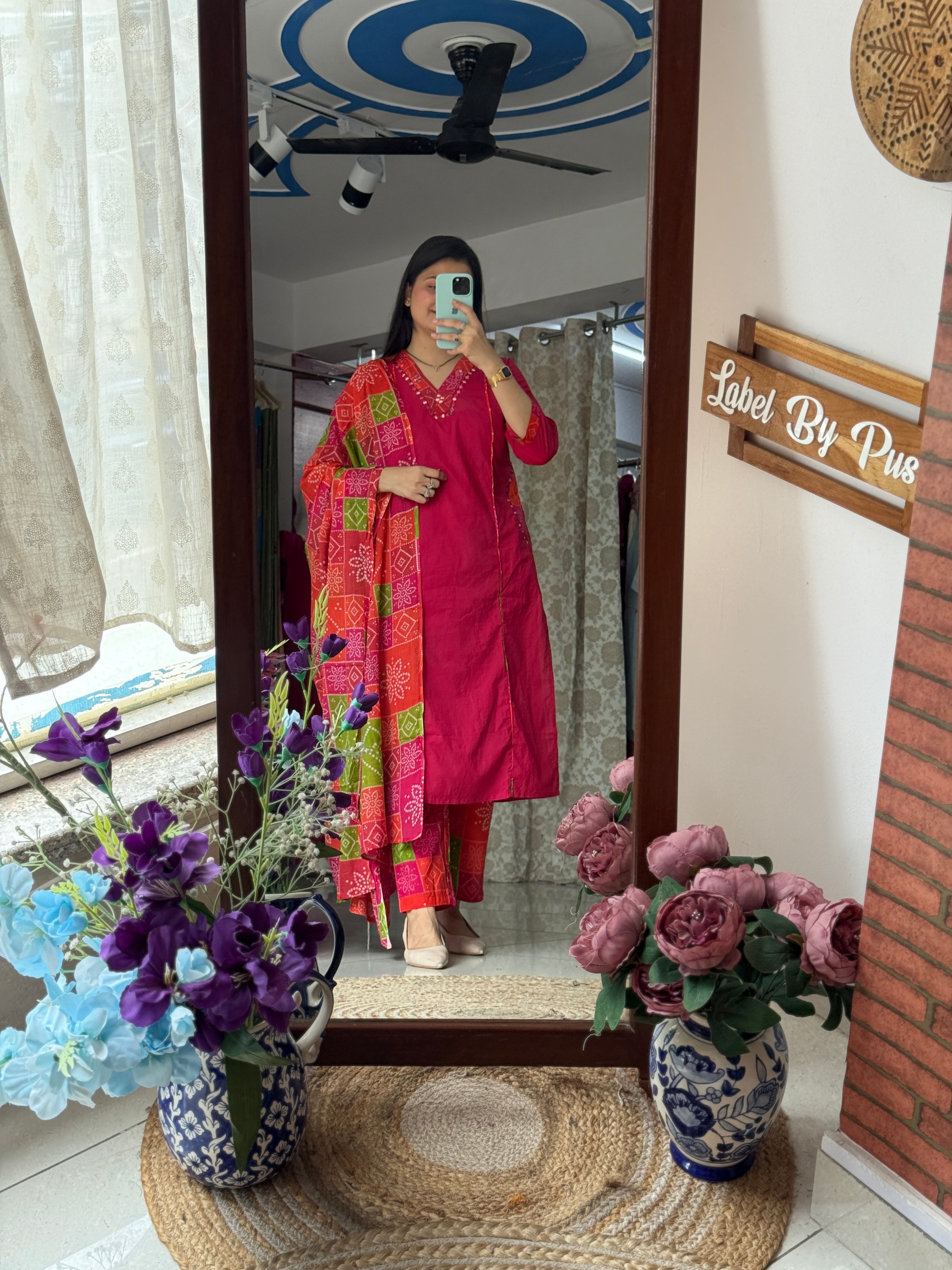 Pink Bandhej| Dual tone | Beautiful Suit Set | Cotton| With pocket in kurta & Bottom
