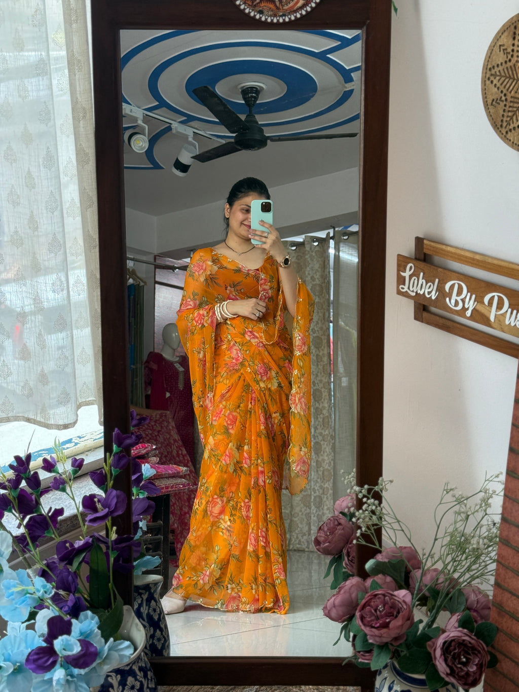 Mustard Yellow |Pure Georgette Digital Printed Saree| Handwork cutdana detailing| Without blouse