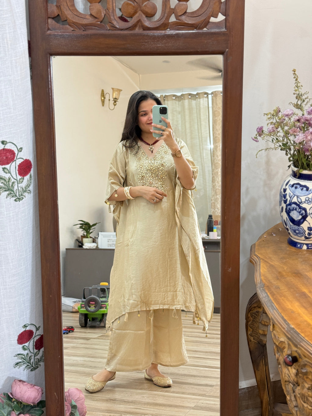 Crushed Tissue Partywear Kaftan Set| With cotton lining in top & bottom | Real mirror work