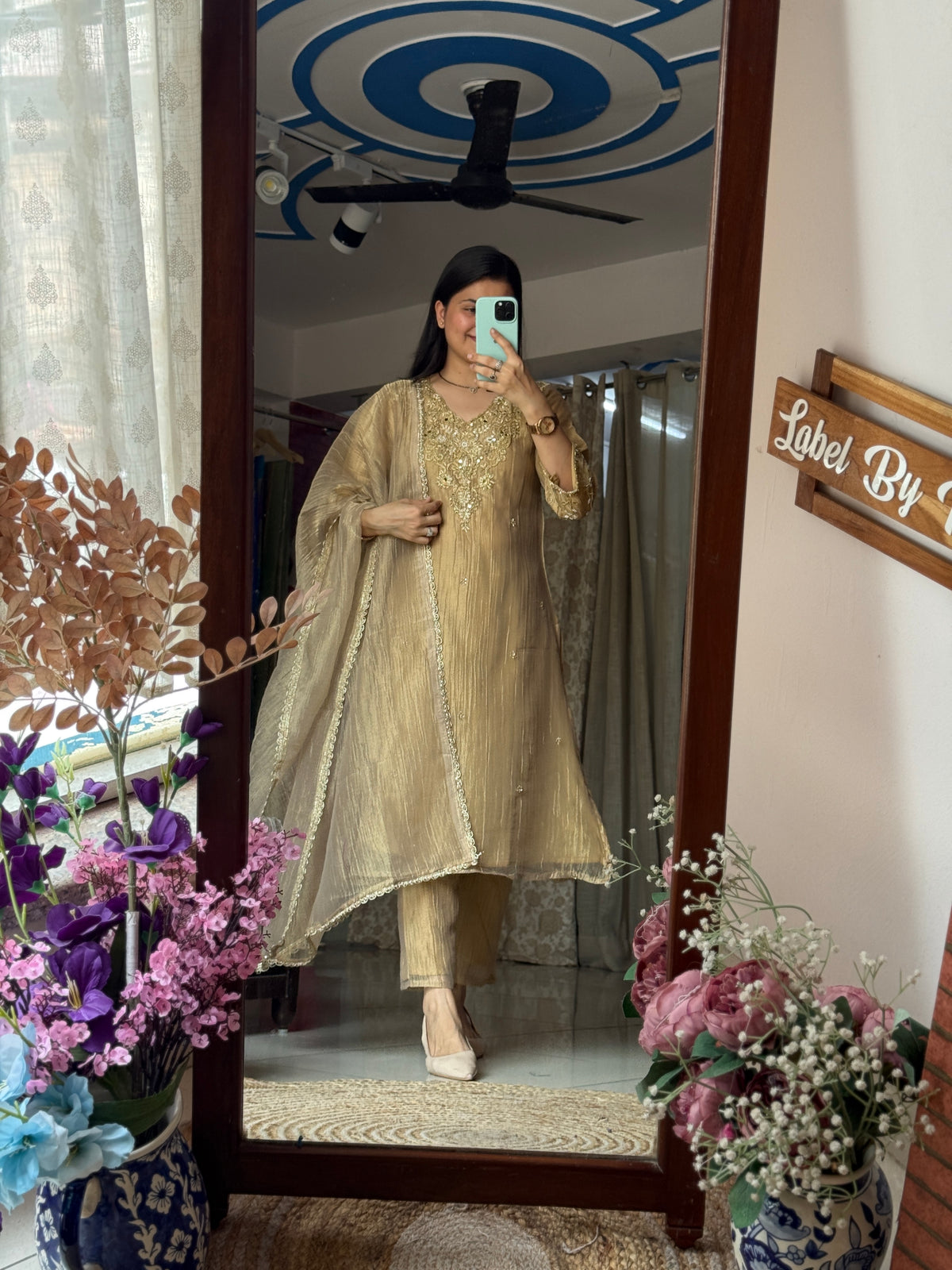 Golden Bliss Crushed Tissue Suit Set with Hand Embroidered Neckline & Designer sleeves and bottom with Duppata with lacework| within lining