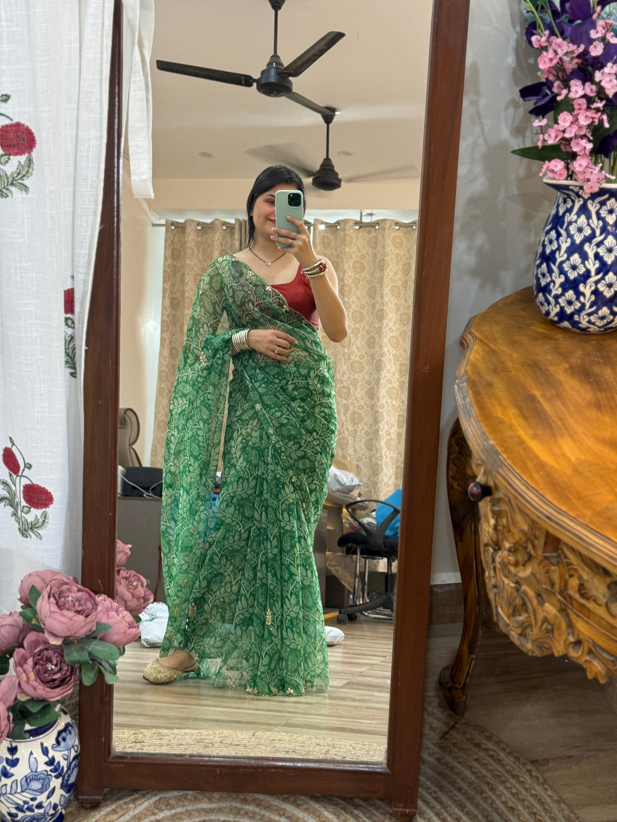 Floral Pure Georgette Handblock Digital Printed Saree| Handwork cutdana detailing| Without blouse