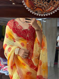 Red Yellow Phaag |Pure Georgette Digital Printed Saree| Handwork cutdana detailing| Without blouse
