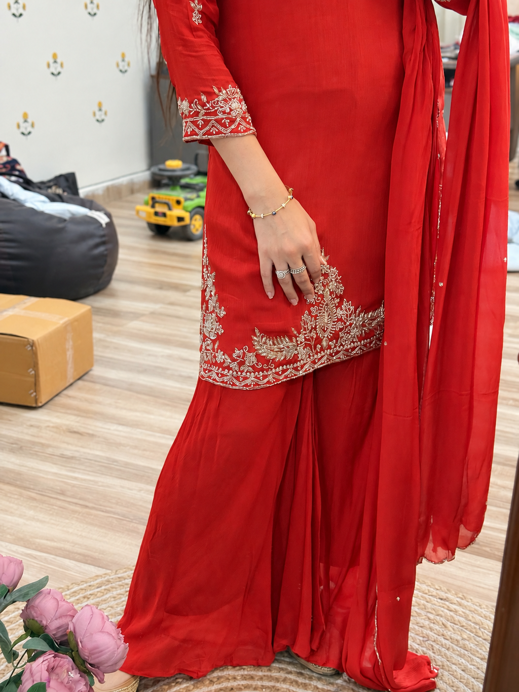 Karwachauth Special Hand embroidered Rust Orange Cutdana Suit| With lining| Chinon|Umbrella cut Plazo