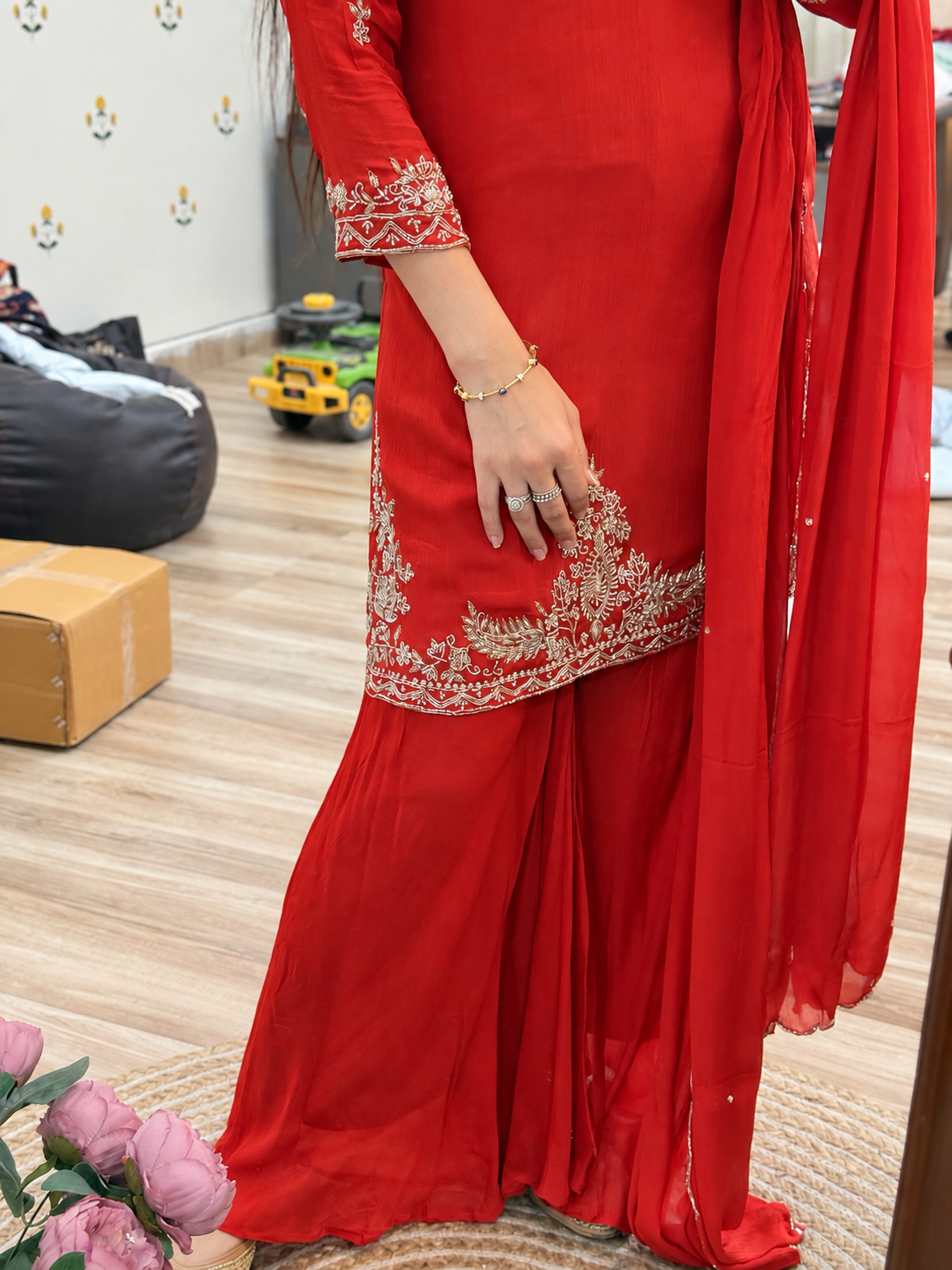Karwachauth Special Hand embroidered Rust Orange Cutdana Suit| With lining| Chinon|Umbrella cut Plazo