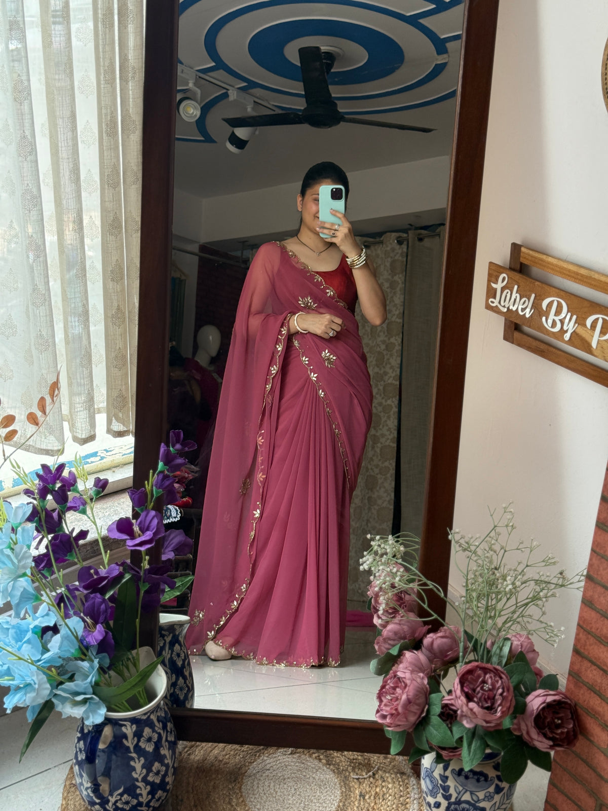 Mauve Pure Georgette Saree| Handwork cutdana detailing| With blouse