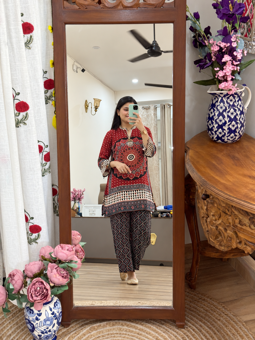 Ajrakh Hand Embroidered Co Ord Set| Crepe Fabric| With cotton lining in top + bottom