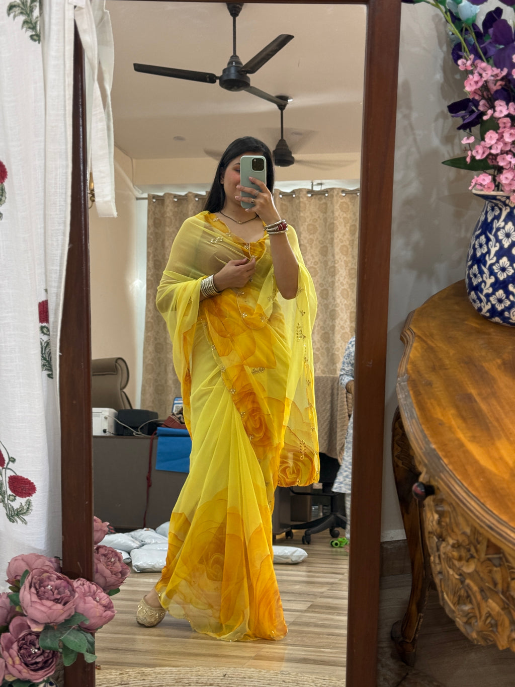 Floral Pure Georgette Handblock Digital Printed Saree| Handwork cutdana detailing| Without blouse