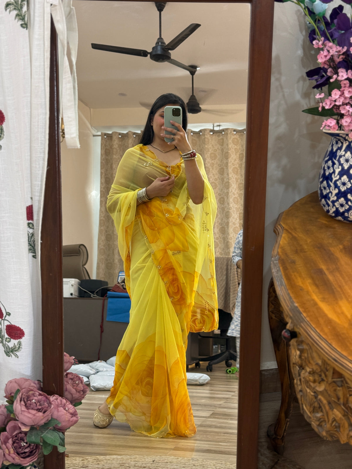 Floral Pure Georgette Handblock Digital Printed Saree| Handwork cutdana detailing| Without blouse