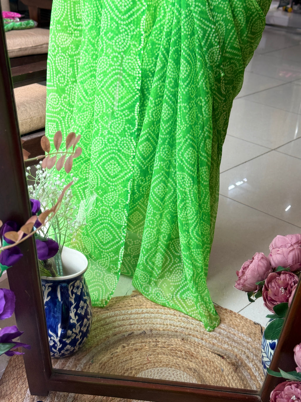 Green Georgette Bandhani Saree|without blouse| Budget Friendly