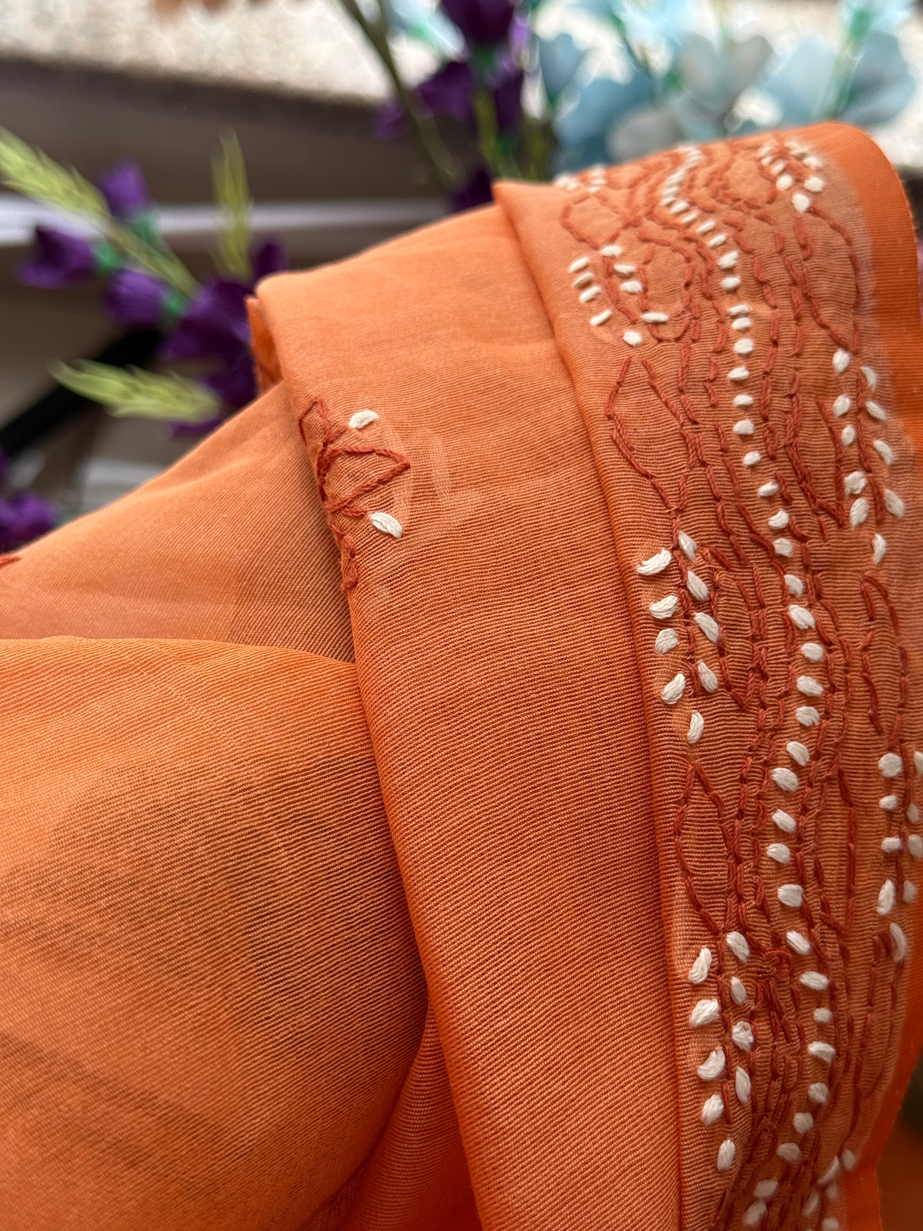 Orange Hand Embroidered Chikanakri Saree| Mul Chanderi Fabric| With embroidered blouse