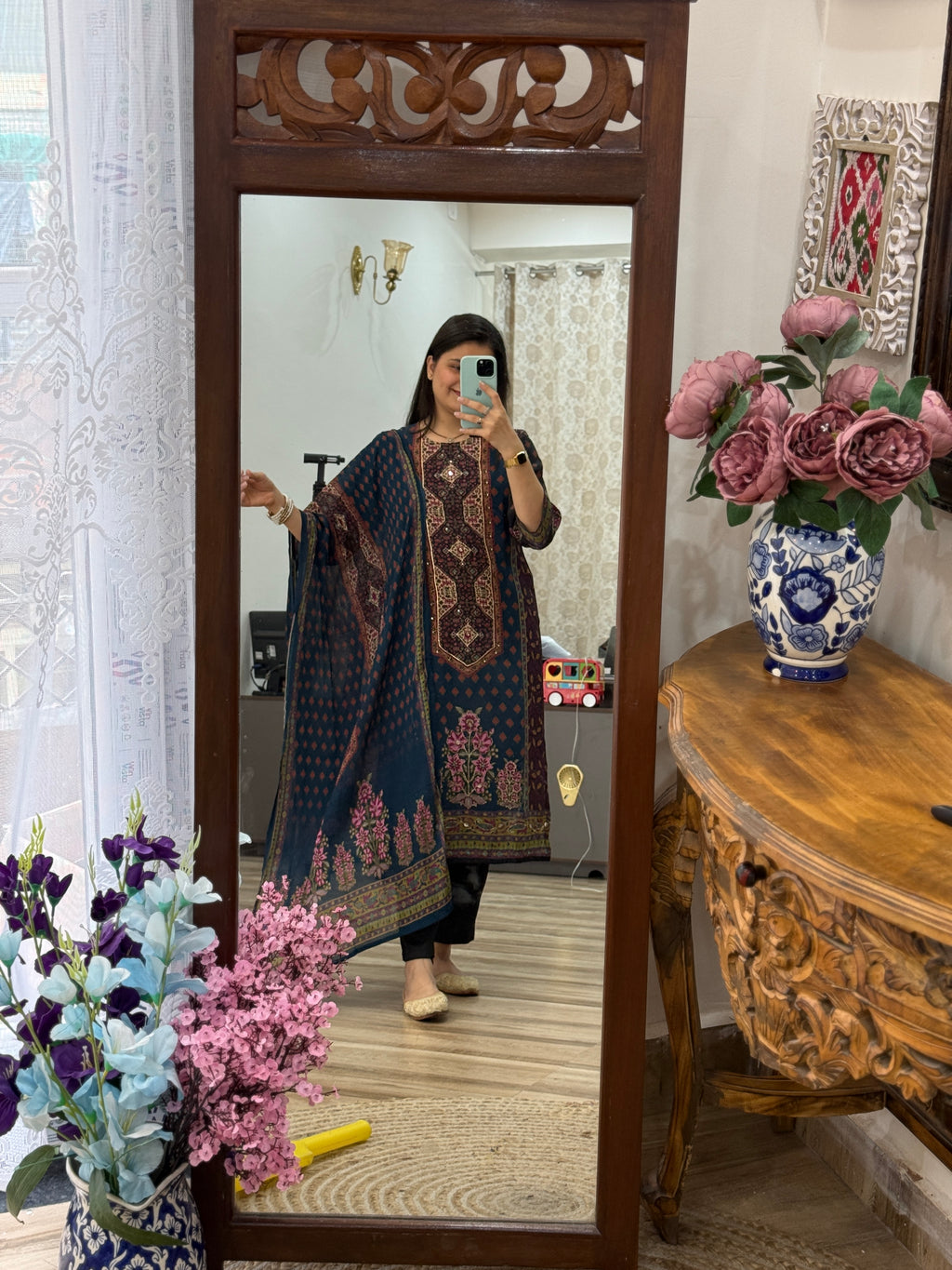 Designer Blue floral Suit Set with Hand Embroidery | Cotton Lining| BeautifulDuppata | Muslin