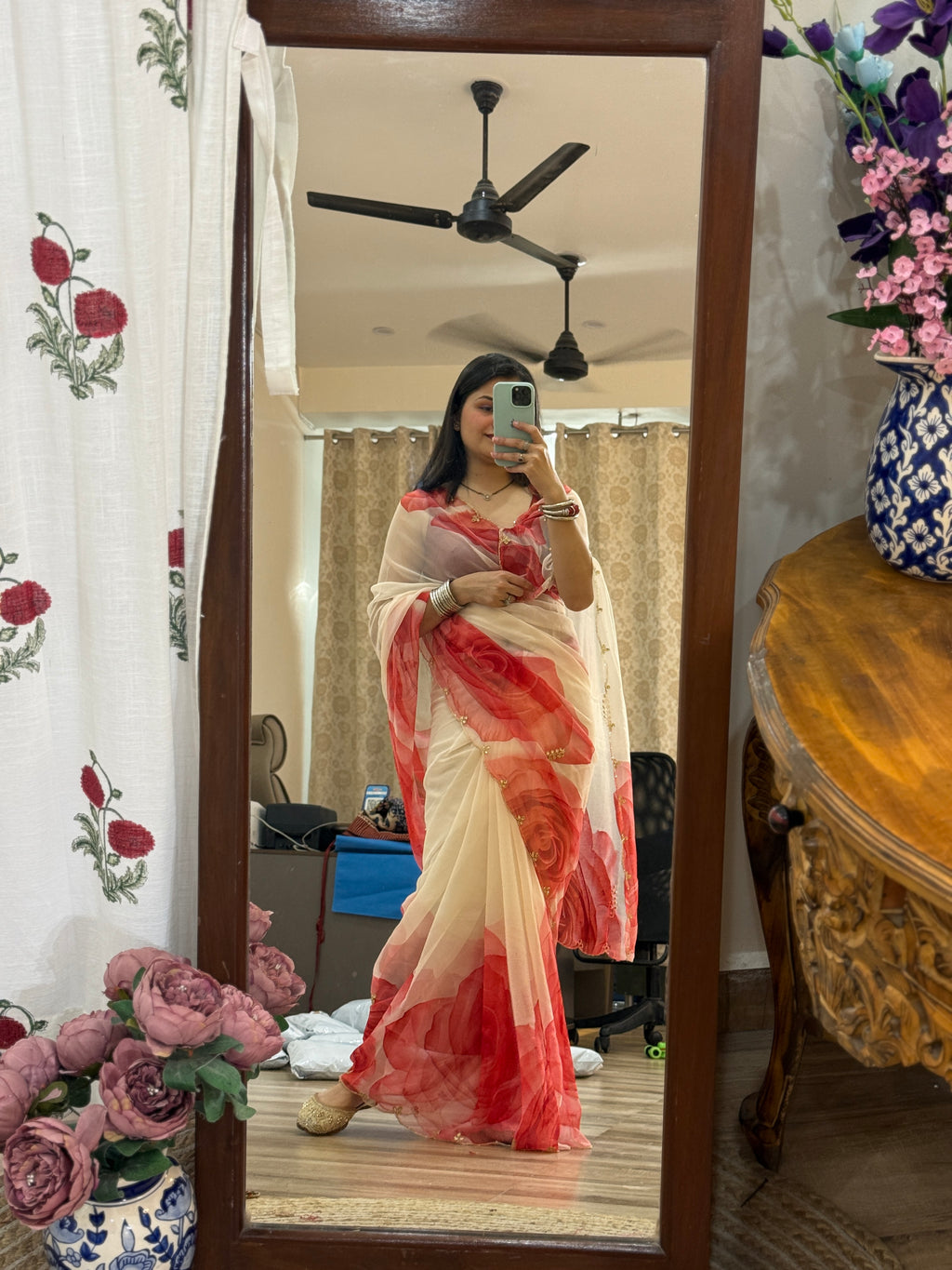 Floral Pure Georgette Handblock Digital Printed Saree| Handwork cutdana detailing| Without blouse