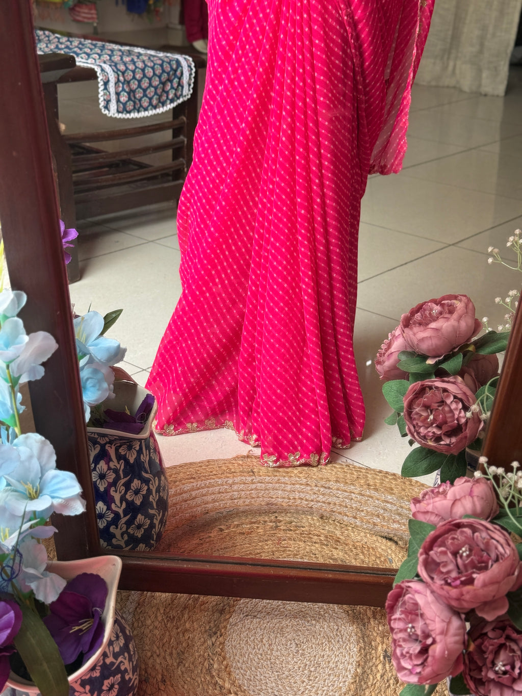 Pink Leheriya | Pure Georgette Handblock Digital Printed Saree| Handwork cutdana buta detailing| With blouse
