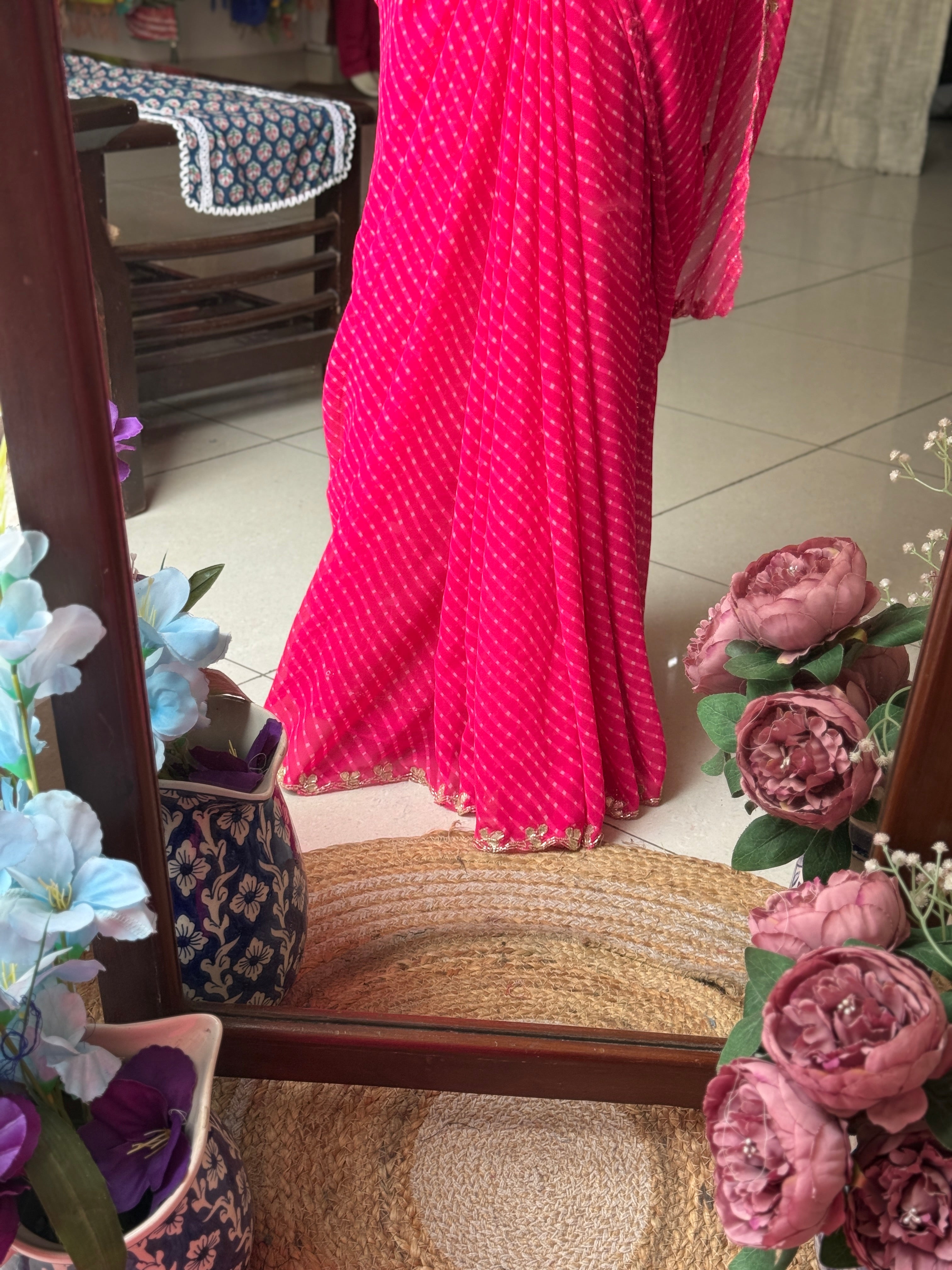 Pink Leheriya | Pure Georgette Handblock Digital Printed Saree| Handwork cutdana buta detailing| With blouse