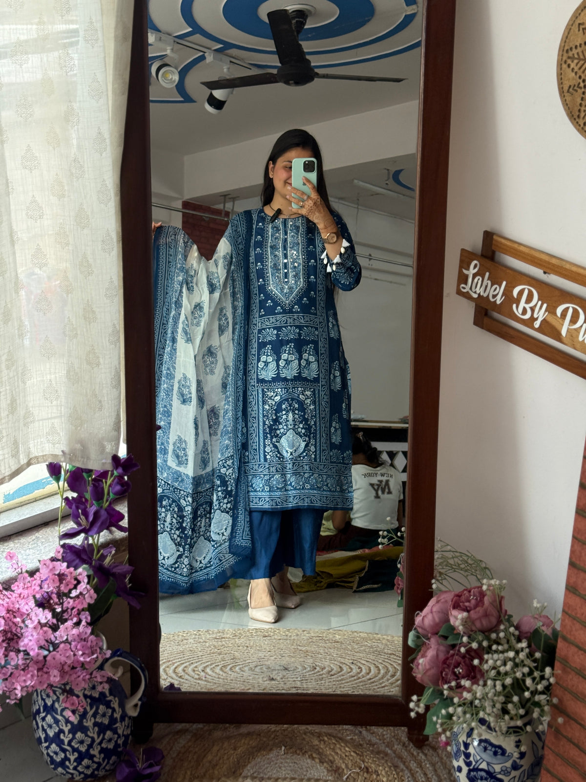 Designer Indigo Suit Set with Hand Embroidery | Cotton Lining| Duppata | Muslin