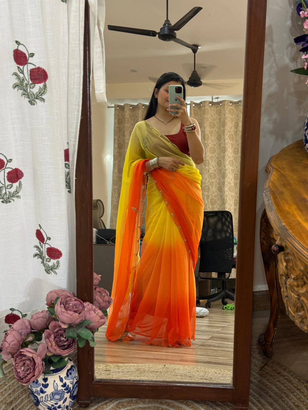 Floral Pure Georgette Handblock Digital Printed Saree| Handwork cutdana detailing| Without blouse