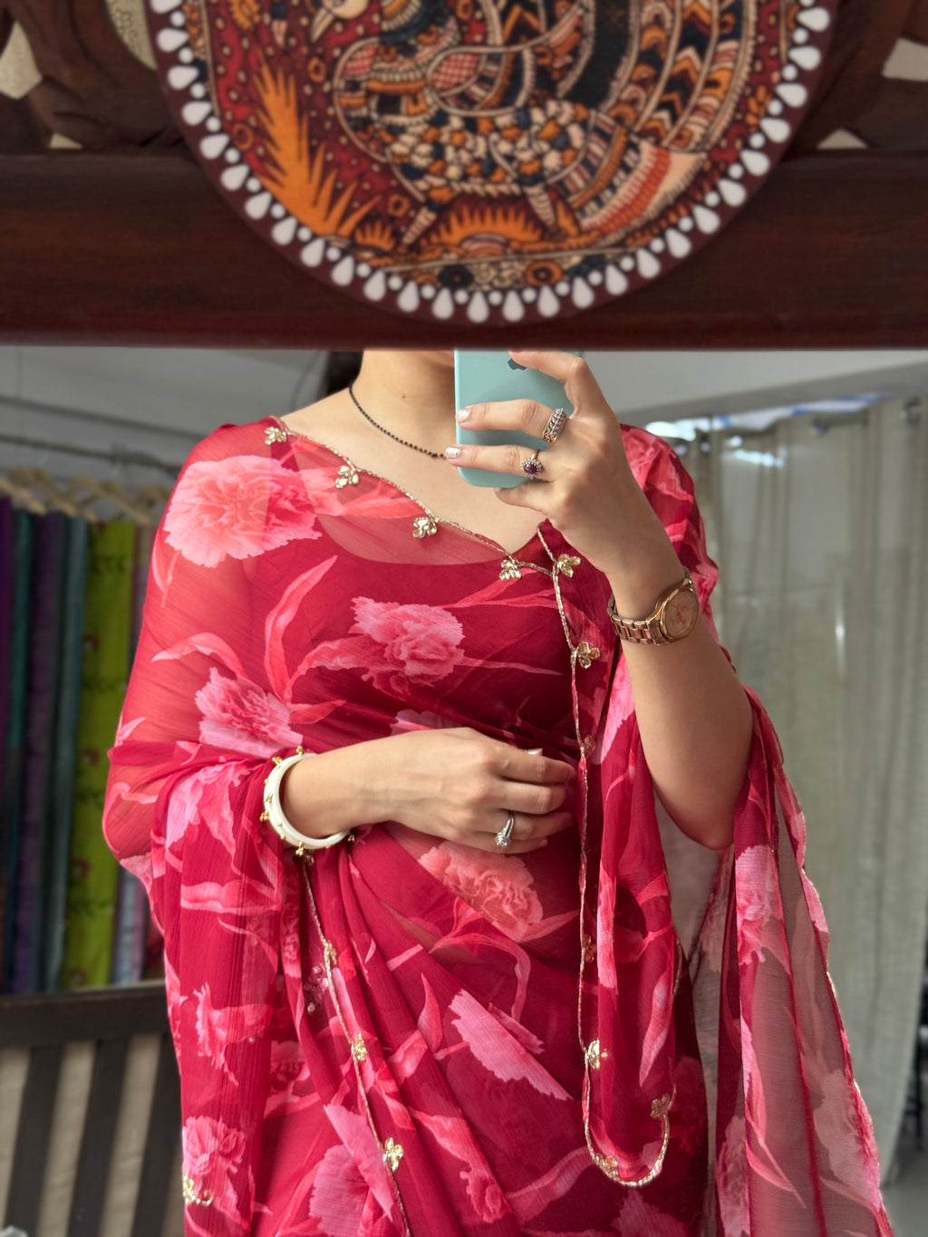 Red Pure Georgette Handblock Digital Printed Saree| Handwork cutdana detailing| Without blouse