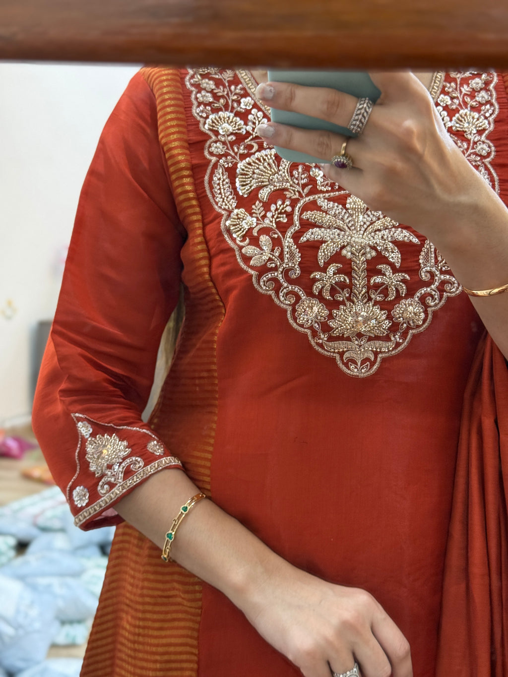 Burnt orange Hand Embroidered Suit| Cotton lining | Tissue fabric detailing|Mul Chanderi | Embroidered Sleeves