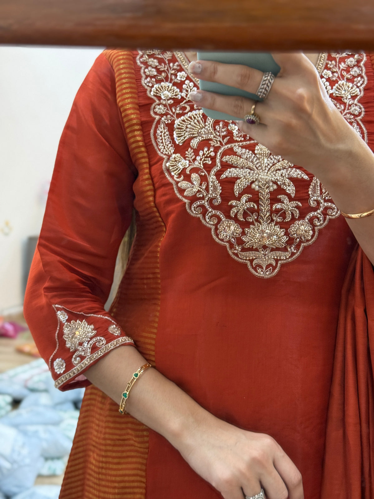Burnt orange Hand Embroidered Suit| Cotton lining | Tissue fabric detailing|Mul Chanderi | Embroidered Sleeves