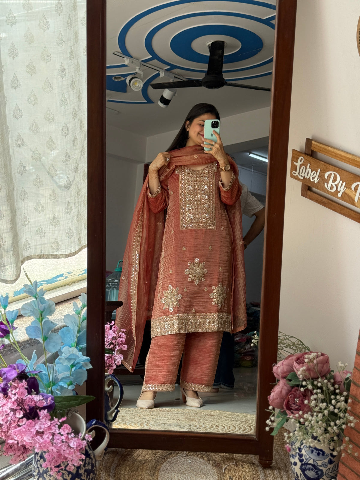 Peachy Orange Crushed tissue Suit Set |Cotton lining | Hand Embroidered |Heavy Duppatta