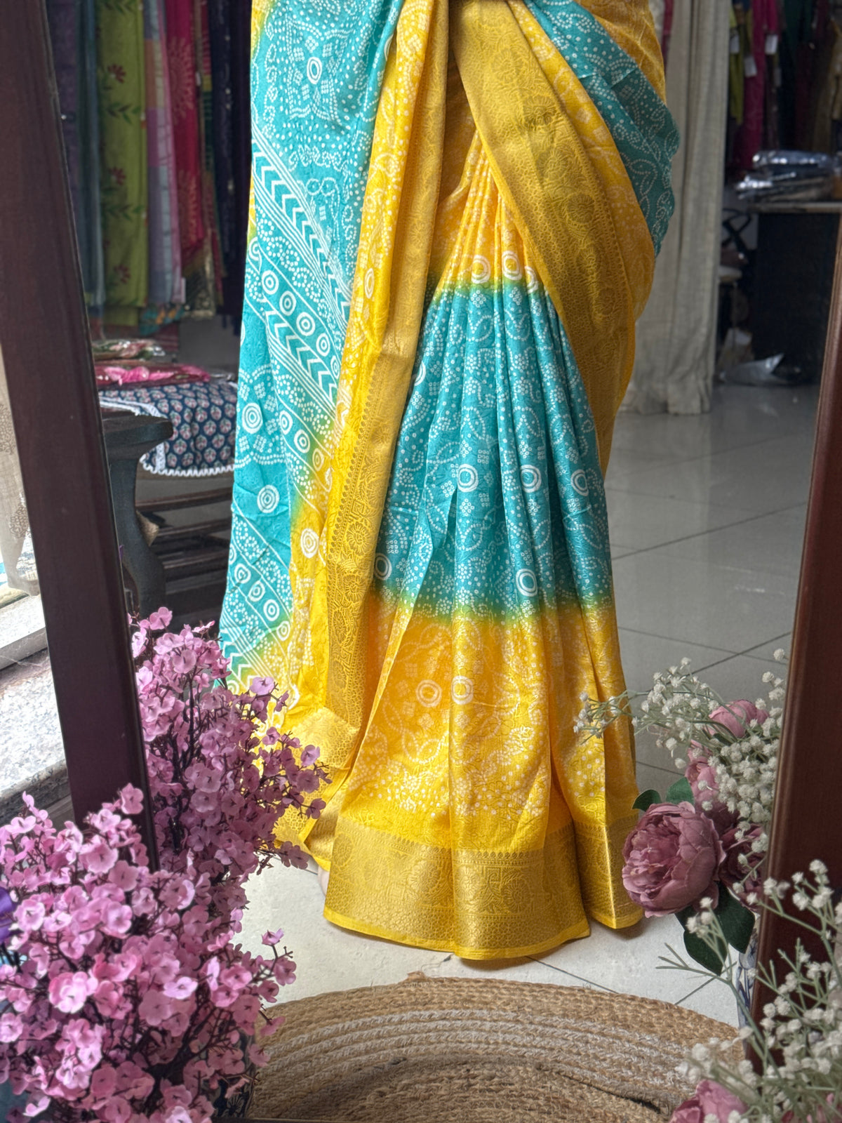 Pink Yellow Bandhani Saree|  Woven border on both sides| With blouse| Self weave dola silk