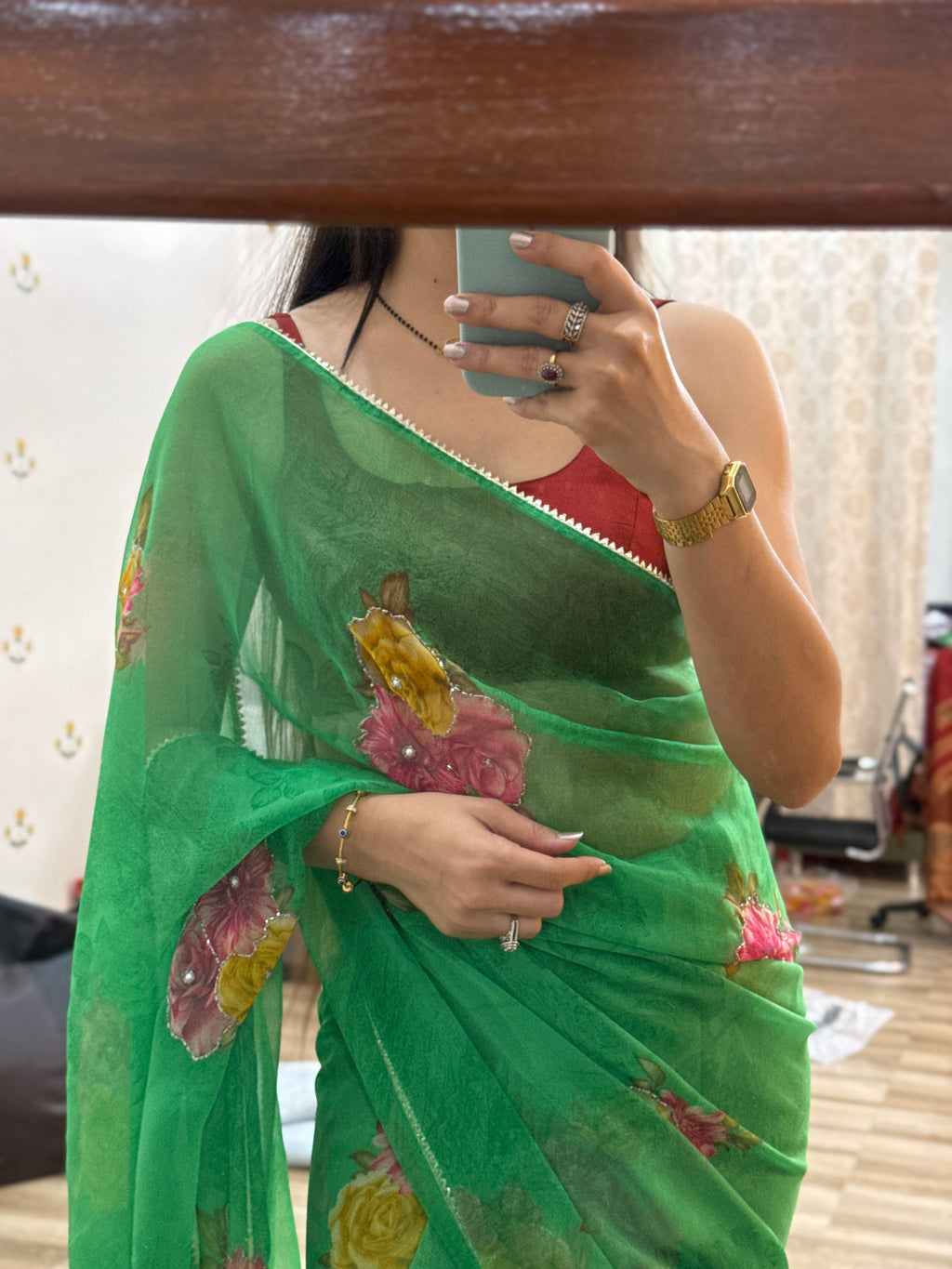 Green Floral |Pure Georgette Digital Printed Saree| Handwork cutdana detailing| Without blouse