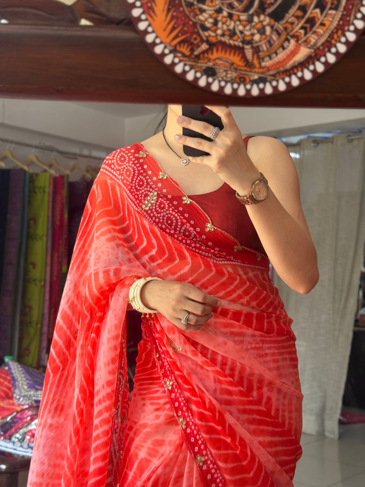 Dual tone Leheriya |Pure Georgette Digital Printed Saree| Handwork cutdana detailing| Without blouse