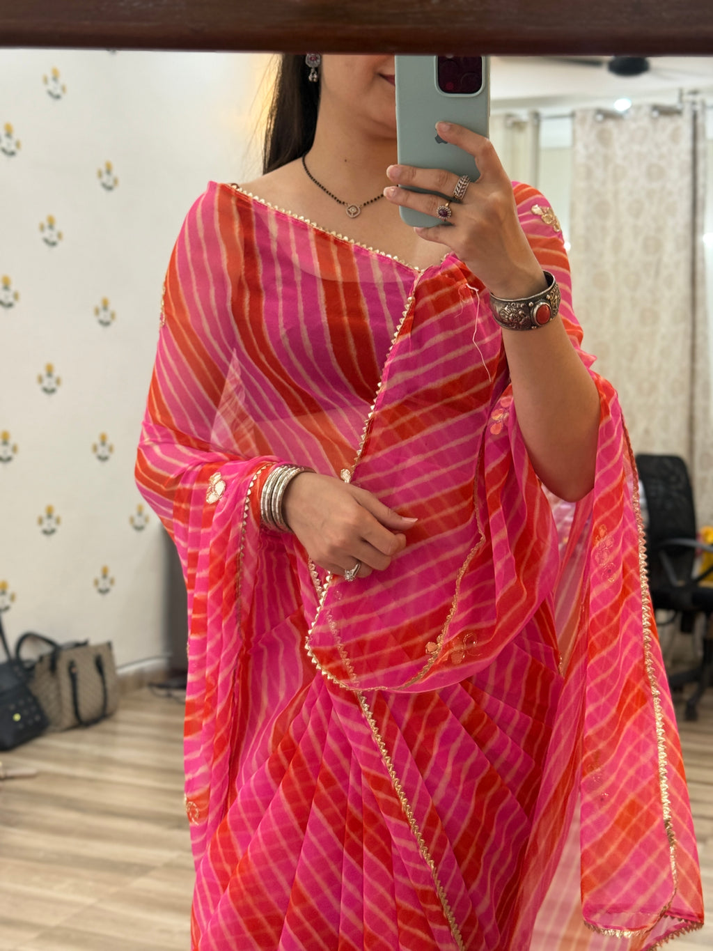 Red Pink Leheriya |Pure Georgette Digital Printed Saree| Handwork cutdana detailing| Without blouse