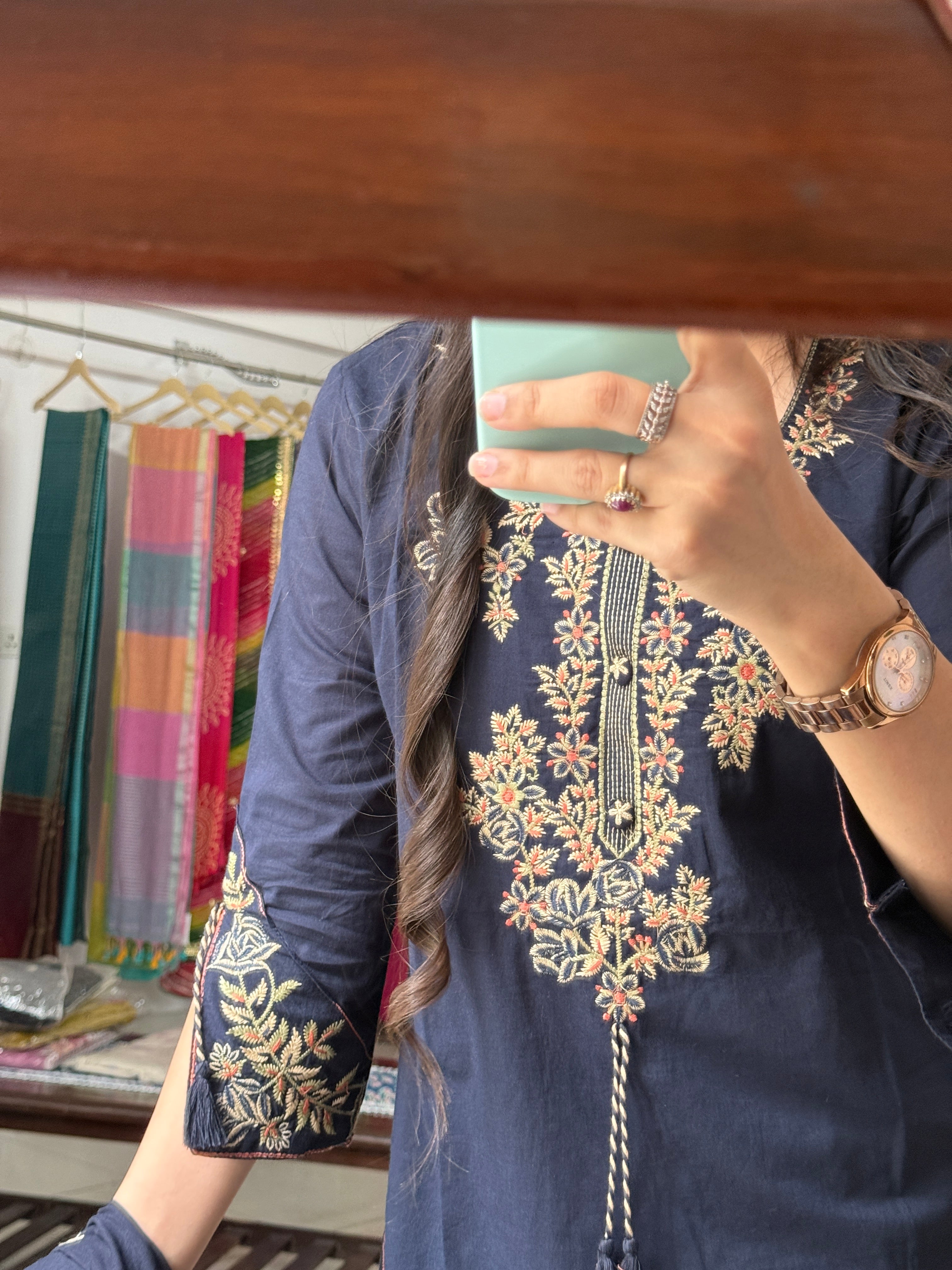 Blue Designer Cotton Suit Set with Embroidered Neckline & Designer sleeves and bottom with mul cotton embroidered Dupatta