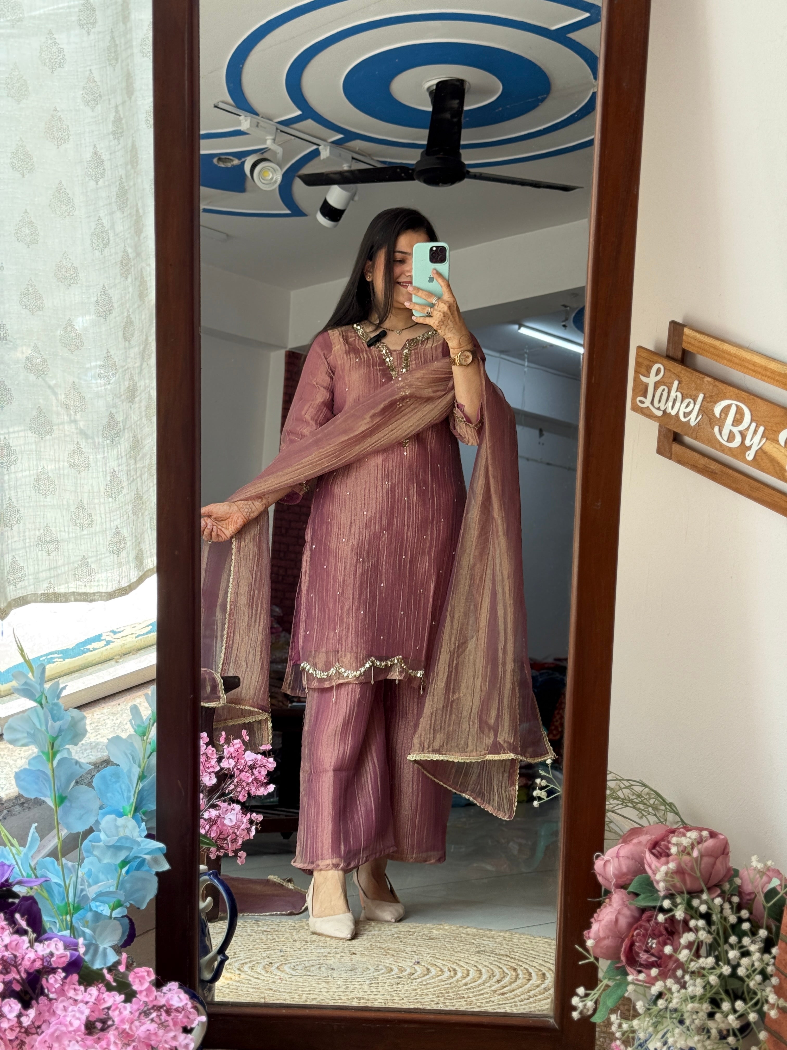 Minerva party wear Set| Crushed Tissue | lining in top + bottom | Hand Embroidered |Lacework Duppata
