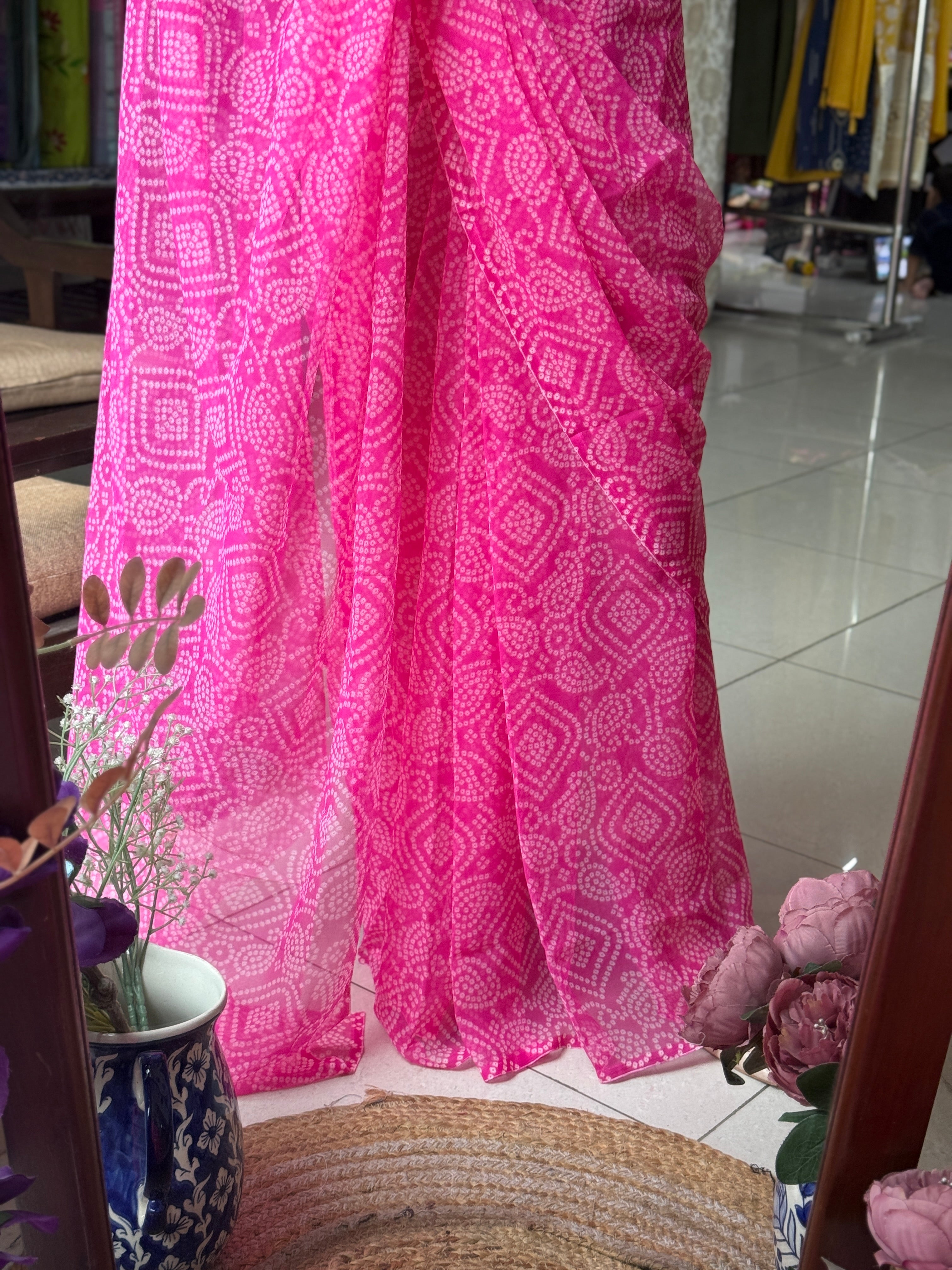 Pink Georgette Bandhani Saree|without blouse| Budget Friendly