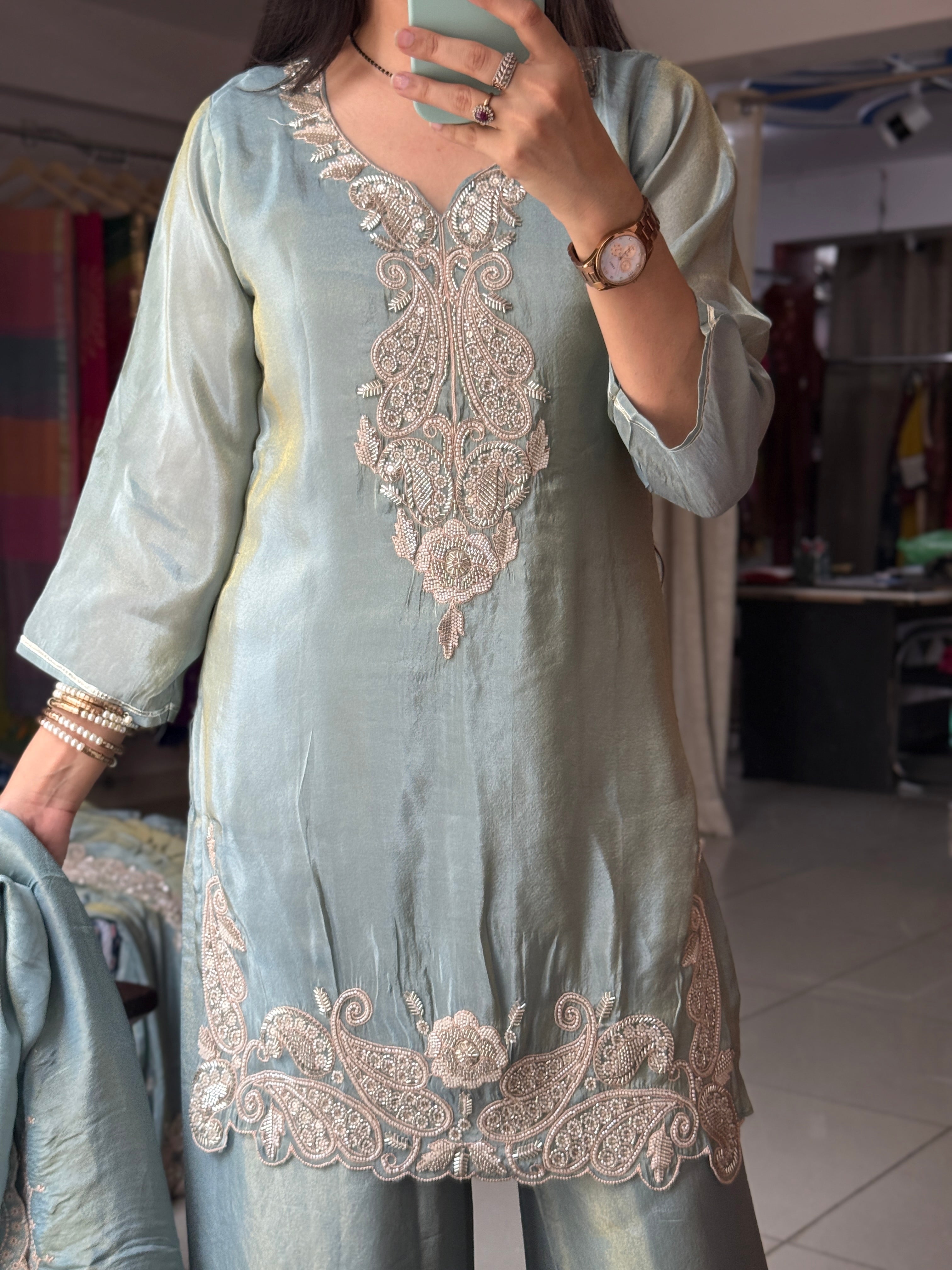 Shenaz Tissue Shimmer Set with cutwork embroidered palzo pant and Duppata| lining| Hand Designer Set
