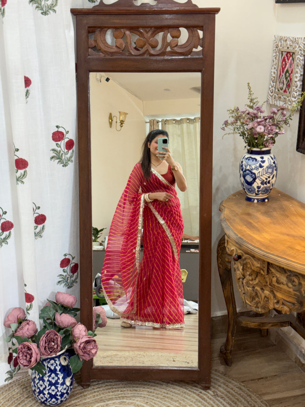 Crimson Pink Leheriya Chiffon Leheriya Saree|  Handwork Gota patti work| With blouse