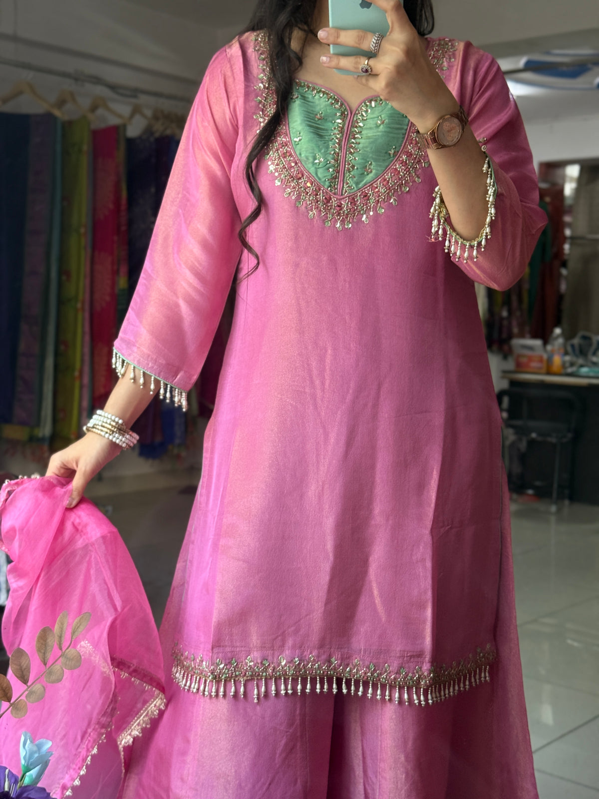 Rakhi Special Handwork Sharara Suit | Hand embroidered | With lining in top and bottom | dual tone Duppata|Tissue Shimmer