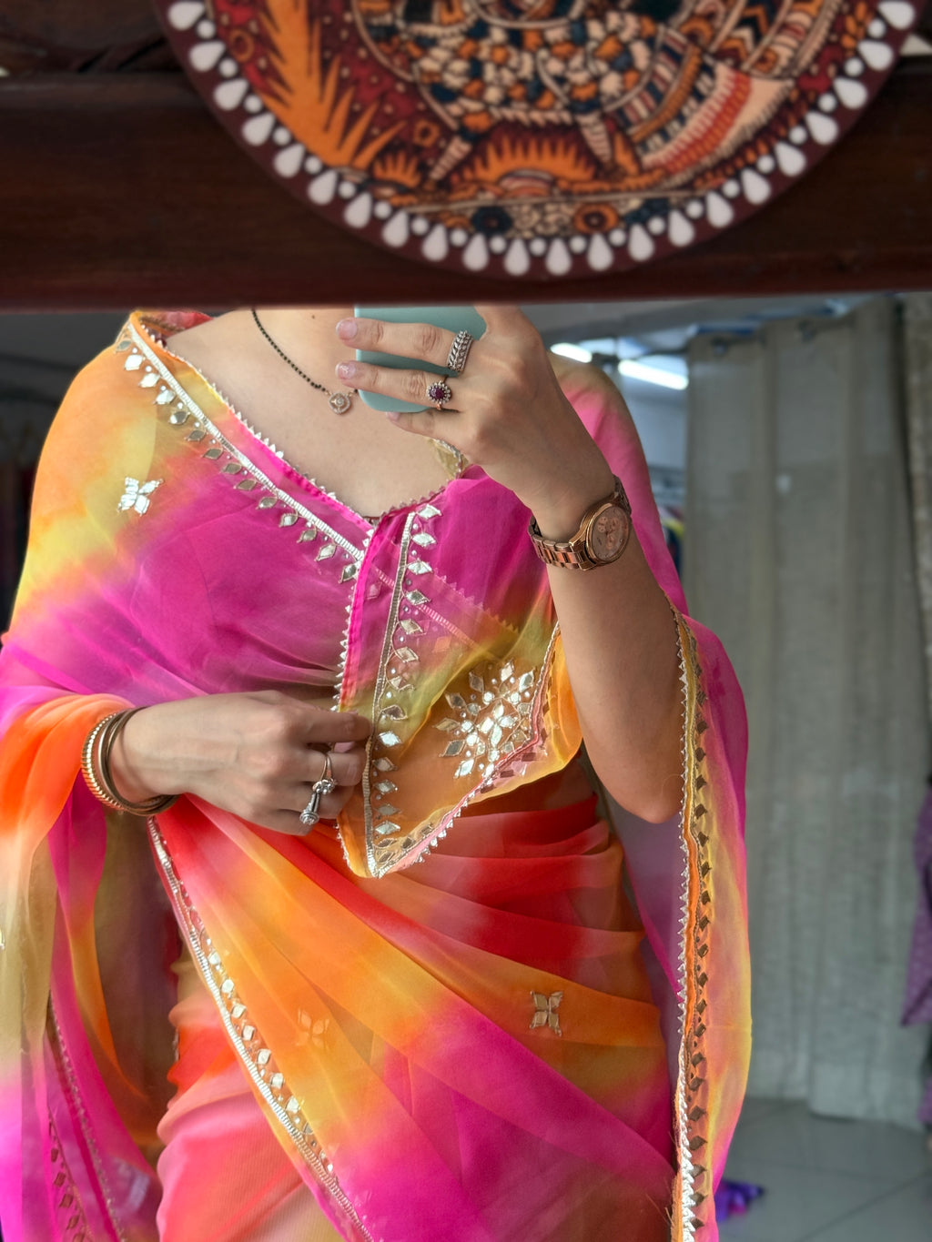 Multi Leheriya Chiffon Leheriya Saree|  Handwork Gota patti work| With blouse