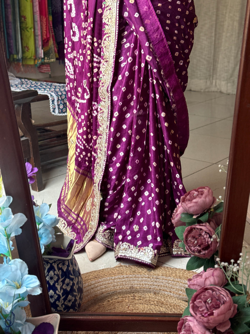 Purple Pure Gaji Silk Bandhani Saree with Gotta Patti Handwork|Comes with blouse | Premium Handwork Saree