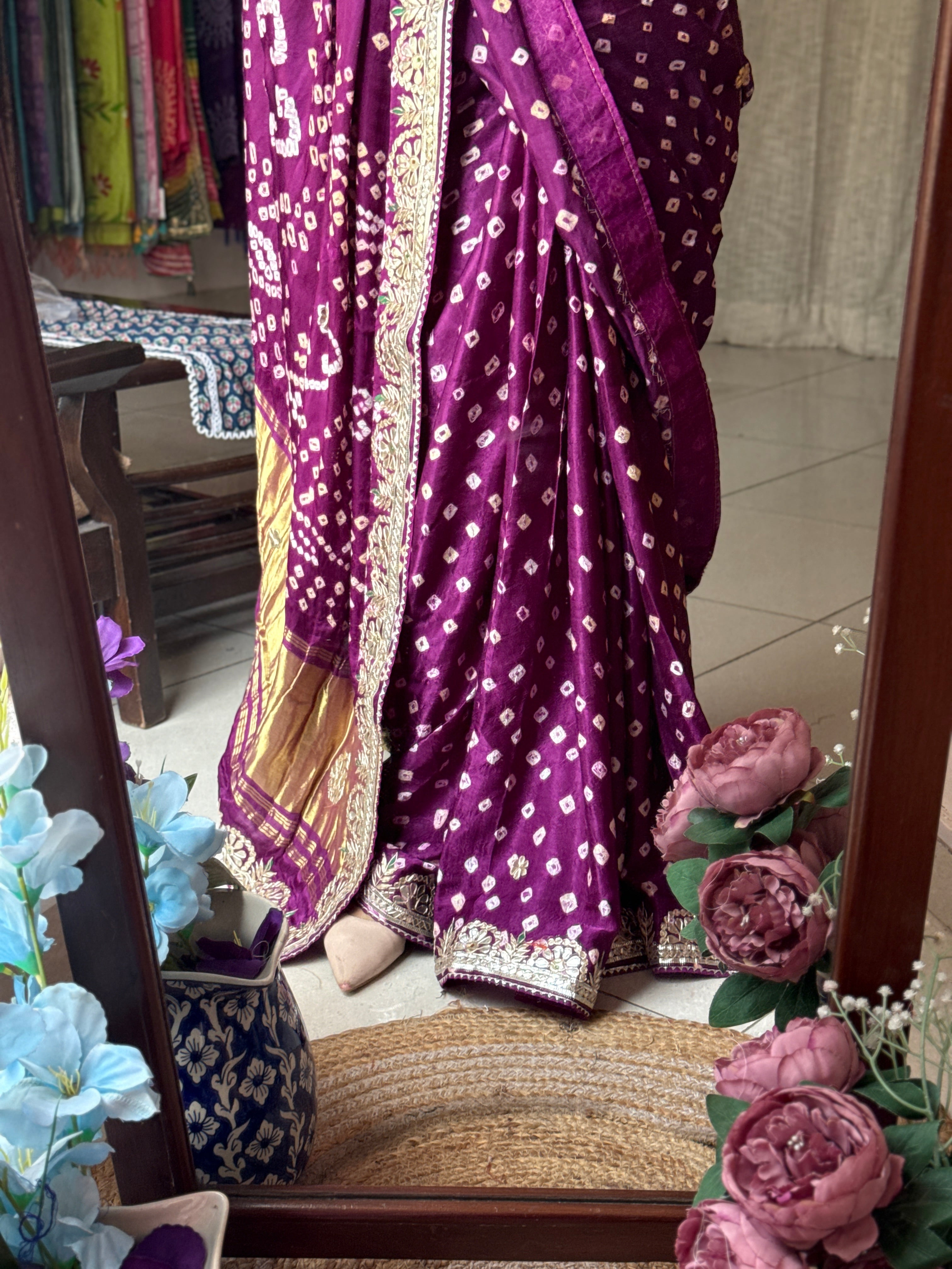 Purple Pure Gaji Silk Bandhani Saree with Gotta Patti Handwork|Comes with blouse | Premium Handwork Saree