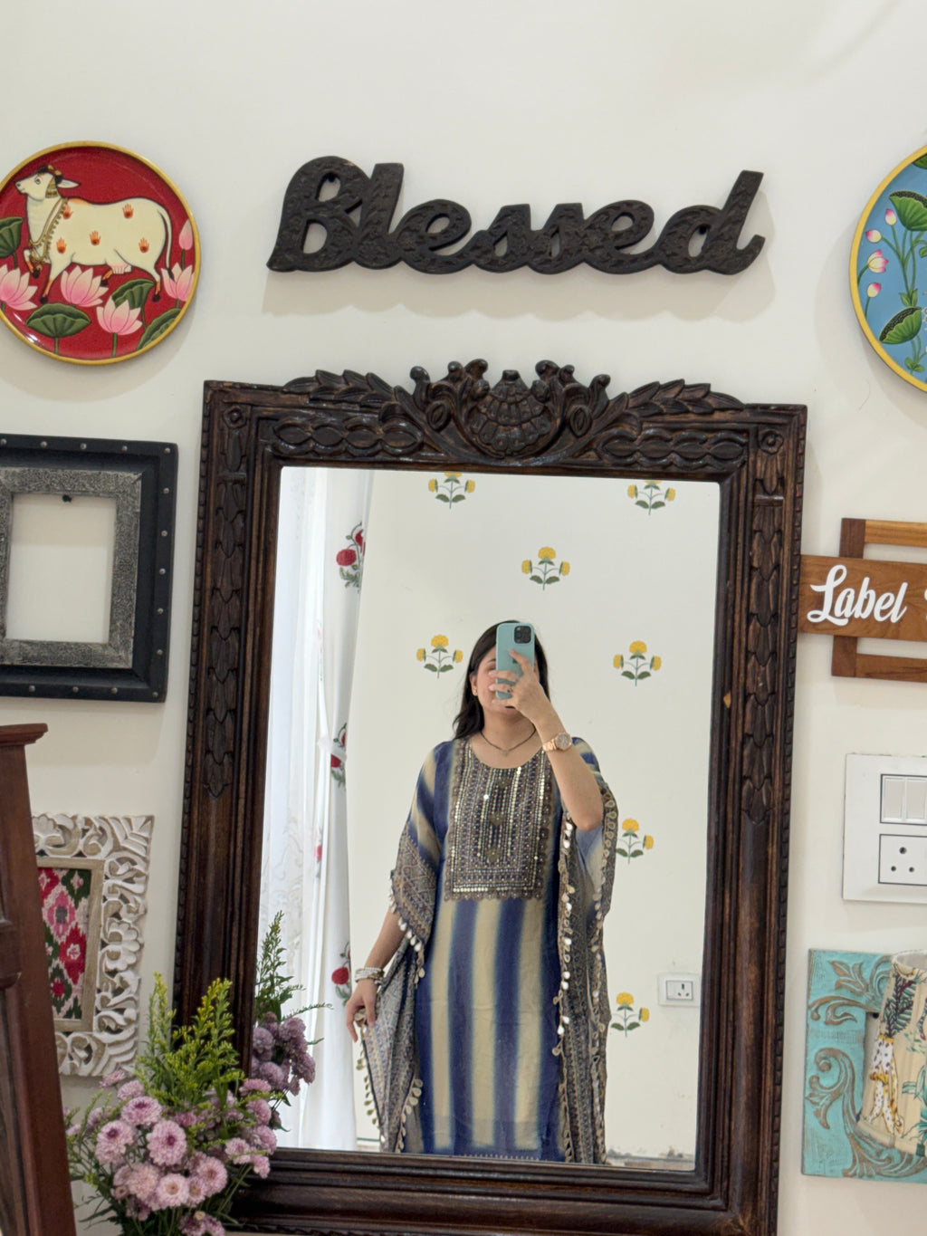 Tissue Shimmer Partywear Kaftan Set| With lining| Real mirror work| Hand Embroidered with
