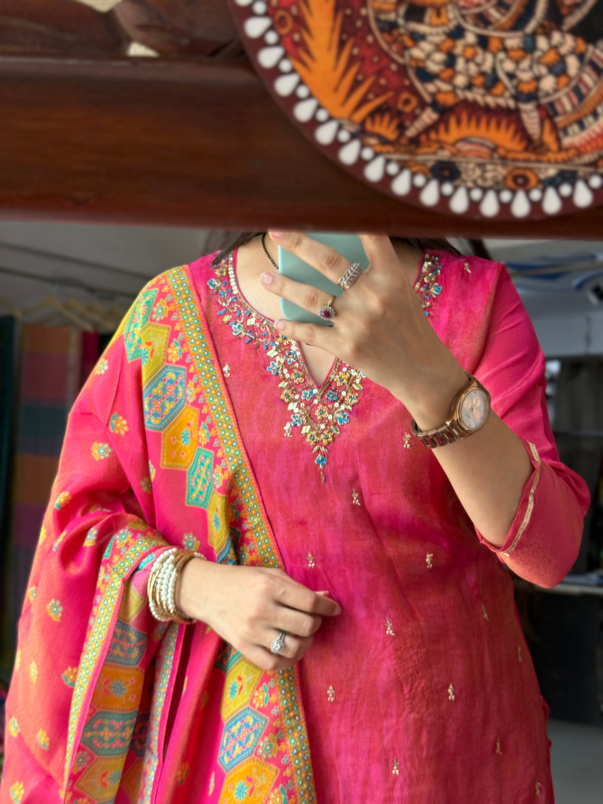 Pink Tissue Suit Set with Hand Embroidered Neckline and bottom with Duppata | within lining