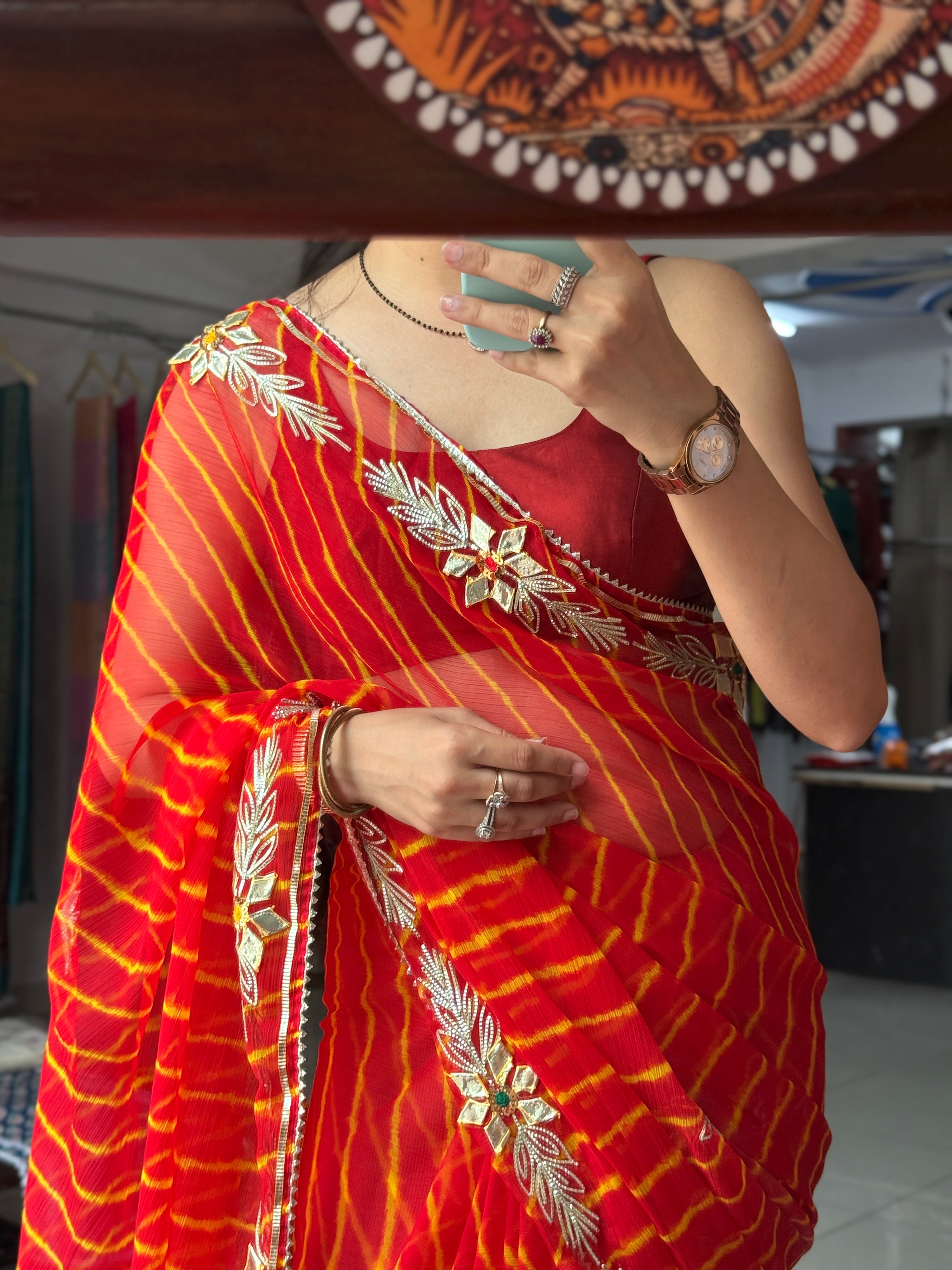 Orange Yellow Leheriya|Kaccha Gota work| With blouse| Chiffon