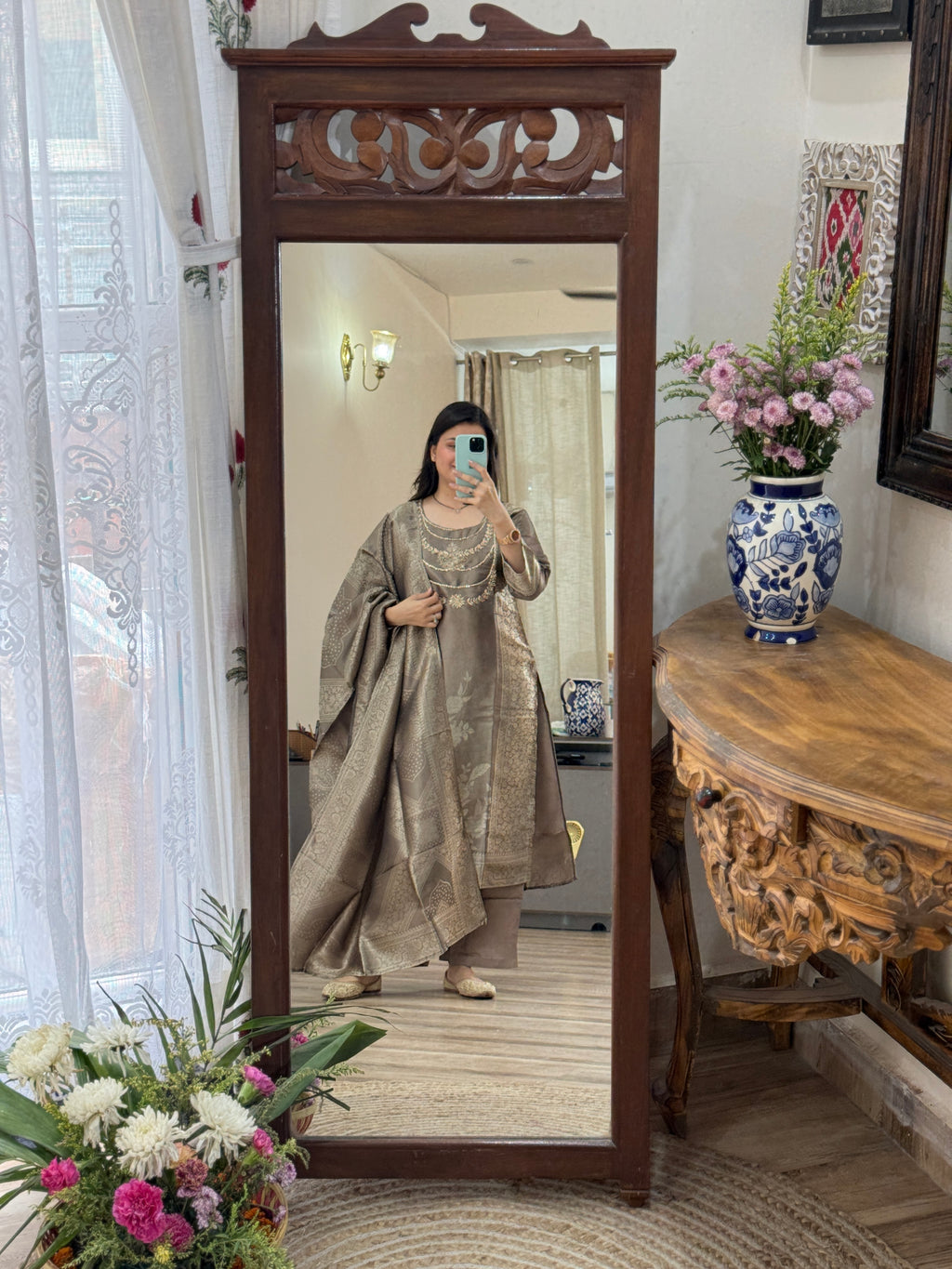 Designer Heavy Partywear Suit | Tissue Brocade suit | With cotton lining| Hand Embroidered| Designer Duppata