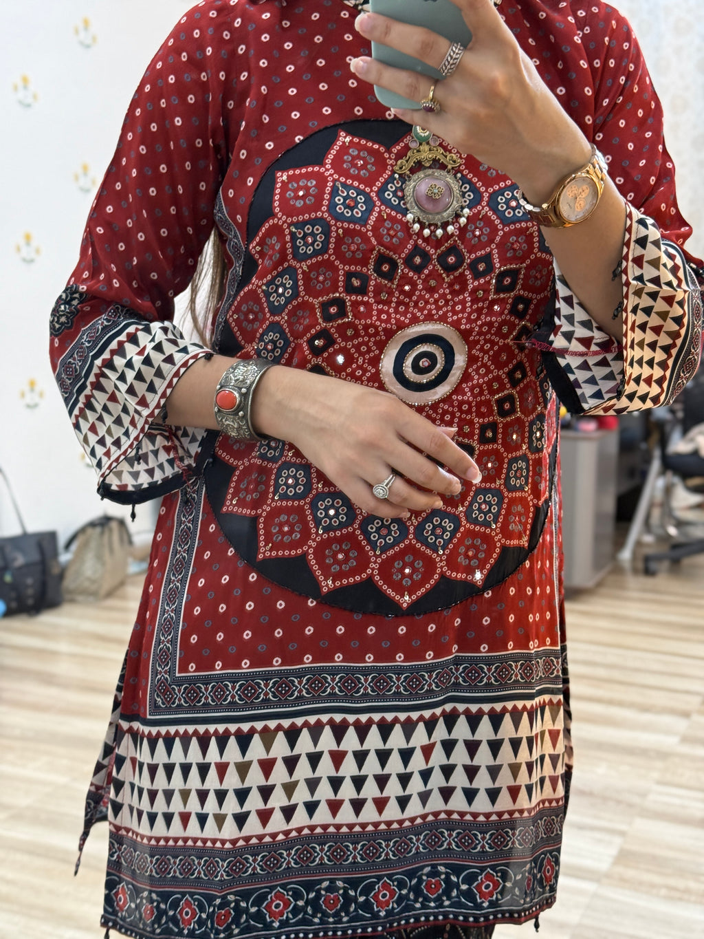 Ajrakh Hand Embroidered Co Ord Set| Crepe Fabric| With cotton lining in top + bottom