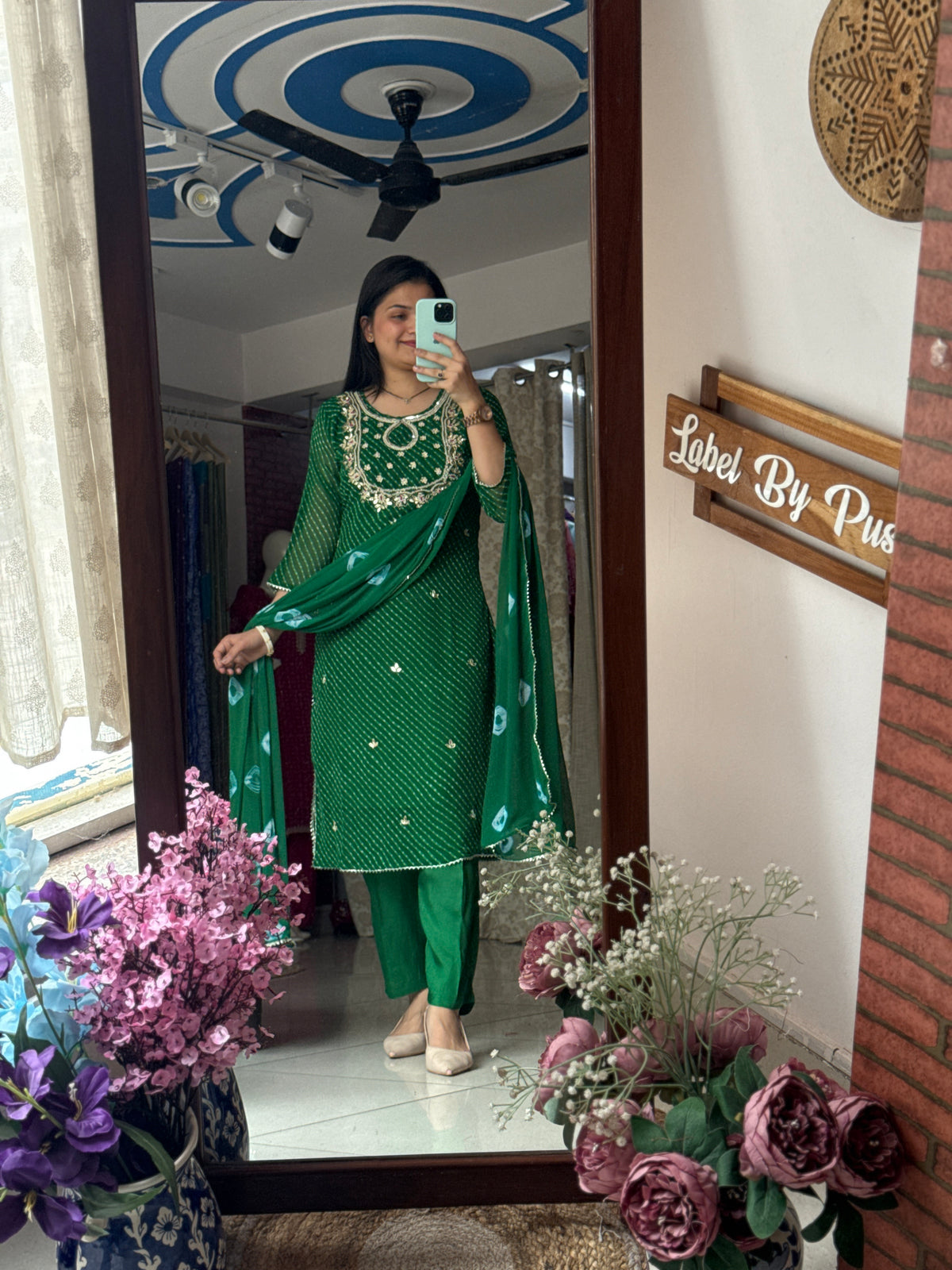 Green Leheriya Suit Set for Women | Printed Ethnic Suit with Dupatta| Hand Embroidery| With lining|Georgette with chiffon Duppata